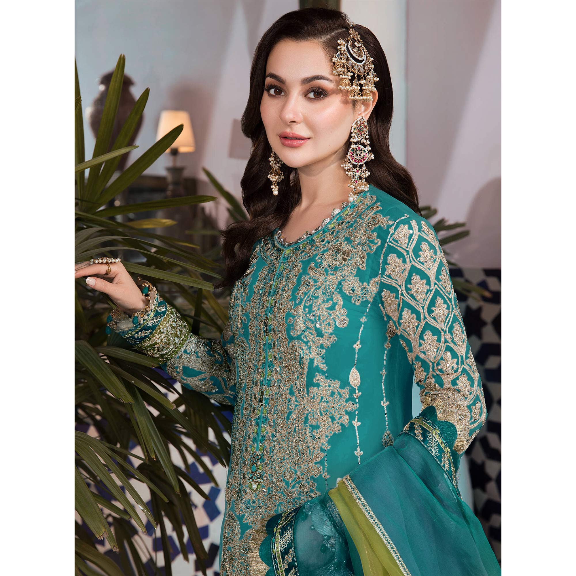 Teal Green Floral Embroidered Georgette Pakistani Suit