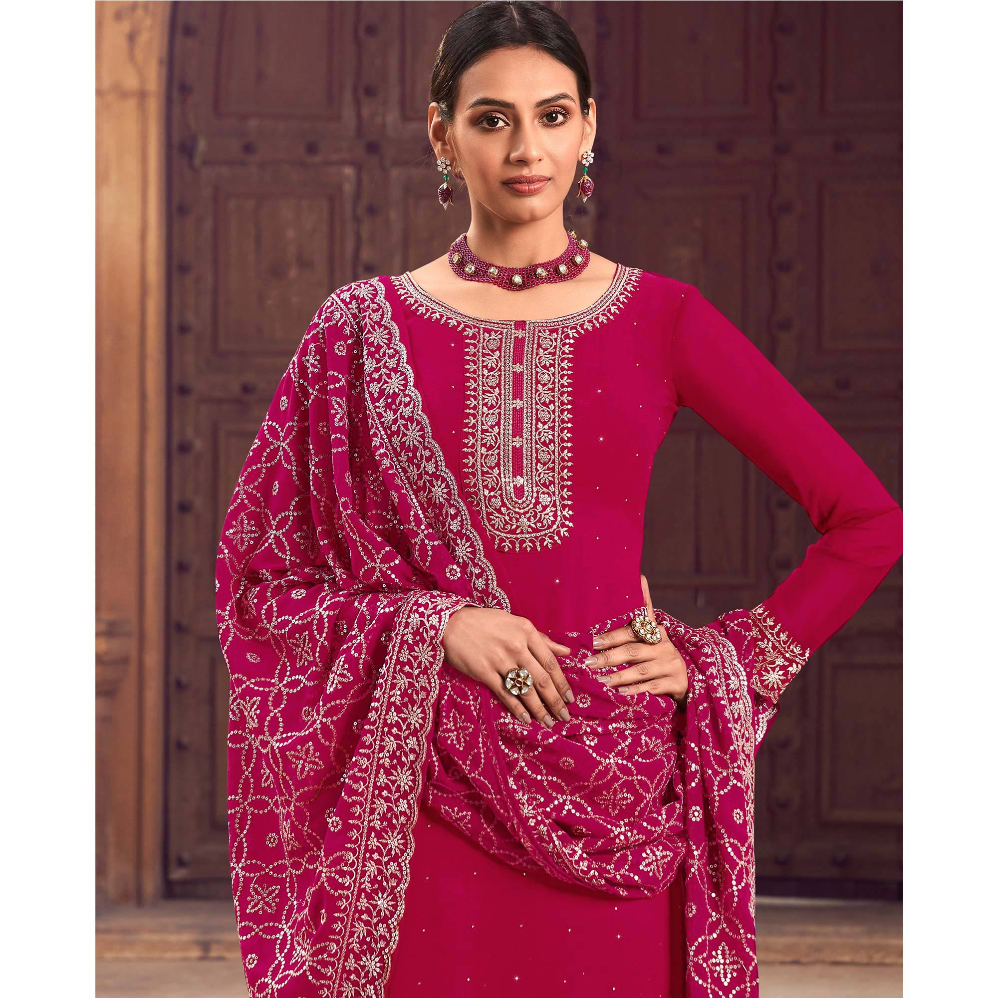 Pink Sequins Embroidered Georgette Semi Stitched Suit