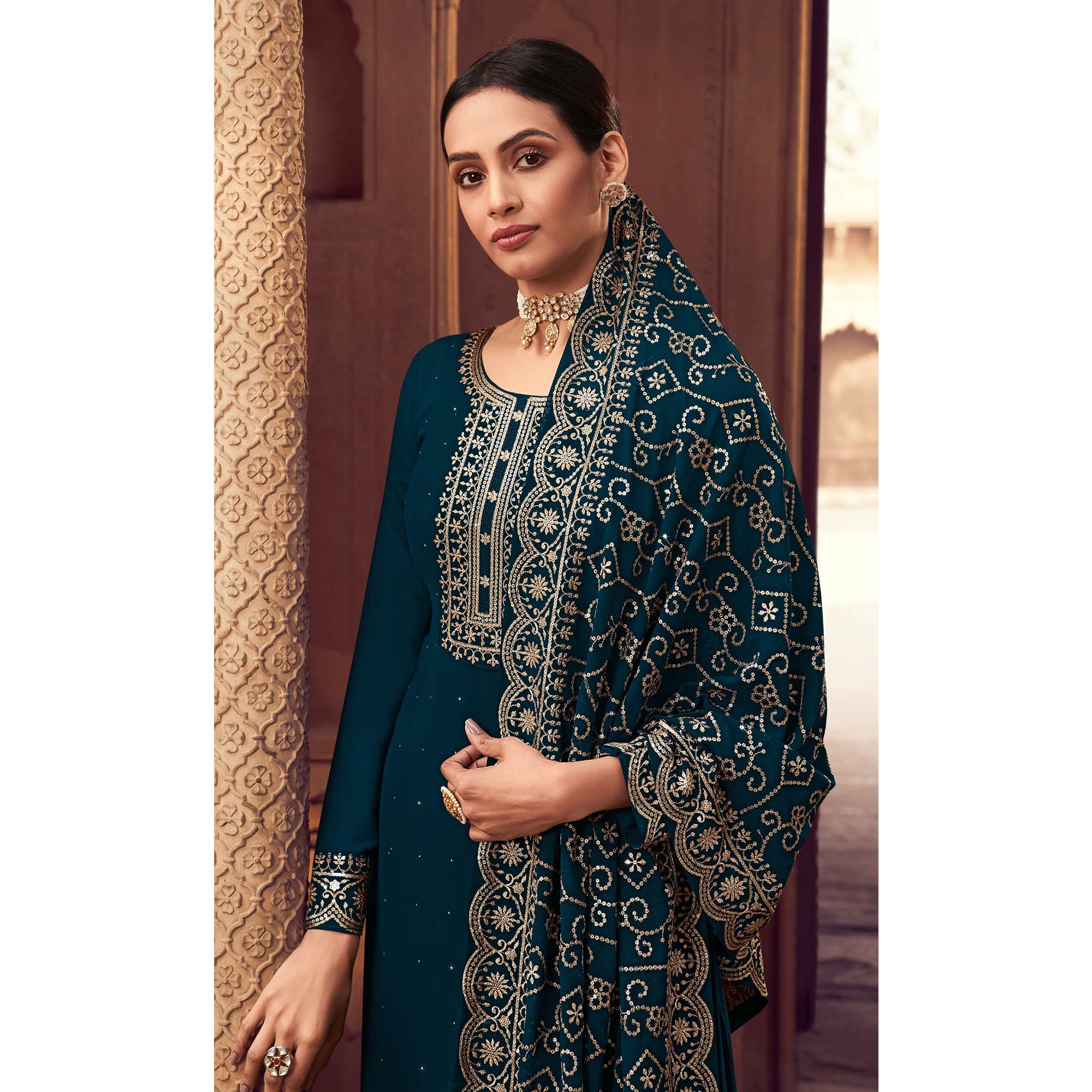 Morpich Sequins Embroidered Georgette Semi Stitched Suit