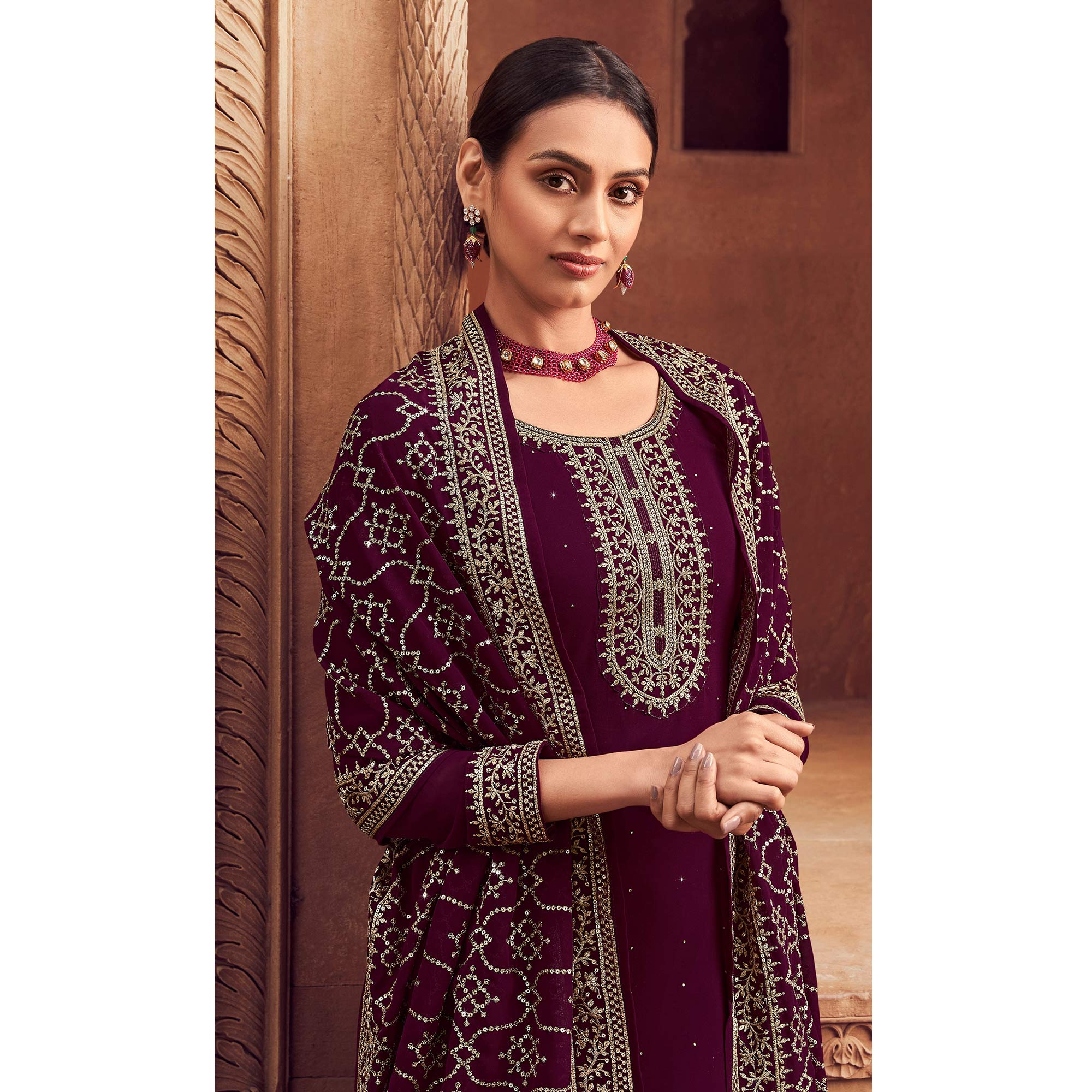 Wine Sequins Embroidered Georgette Semi Stitched Suit