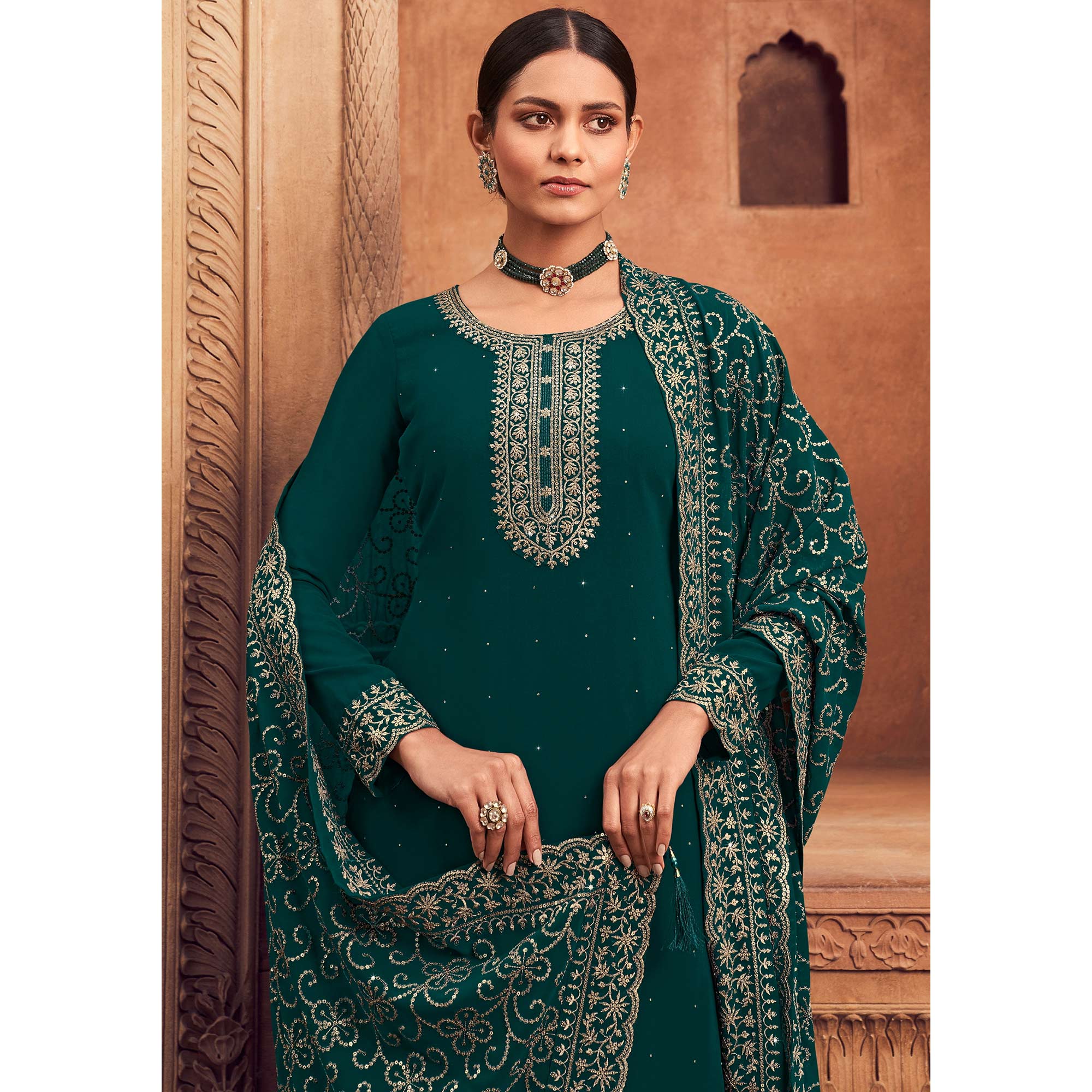 Rama Green Sequins Embroidered Georgette Semi Stitched Suit