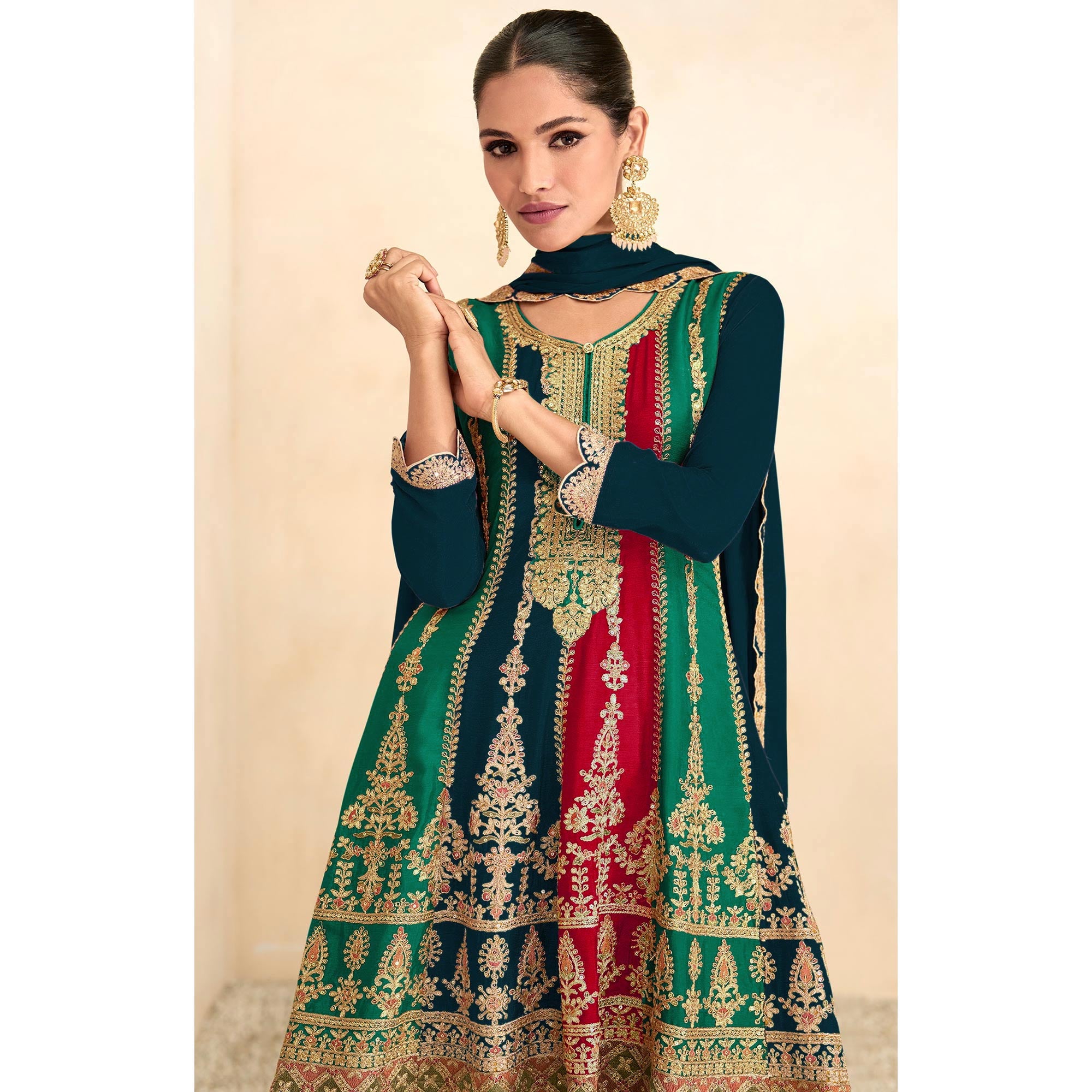 Morpich Sequins Embroidered Chinon Semi Stitched Sharara Suit