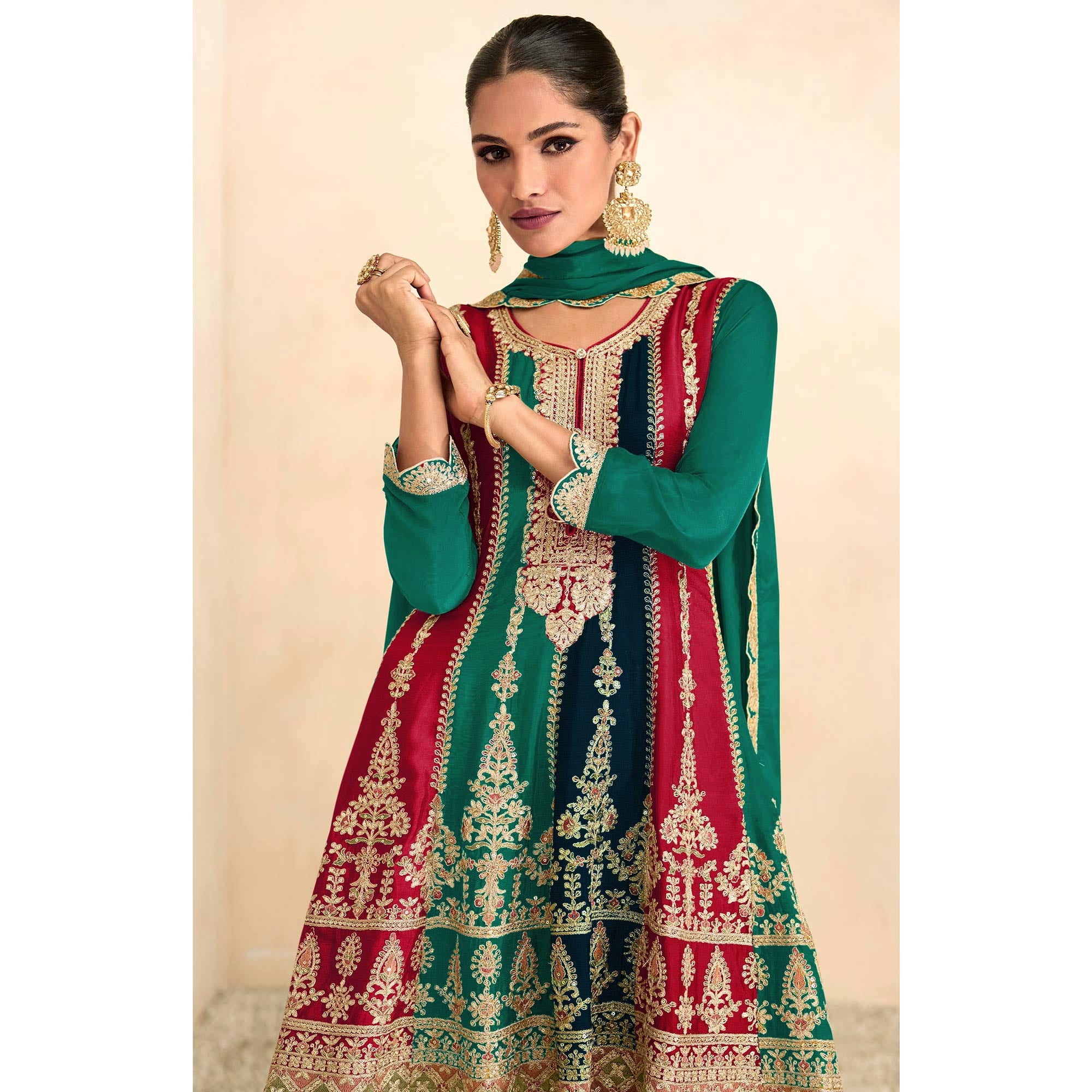 Rama Green Sequins Embroidered Chinon Semi Stitched Sharara Suit