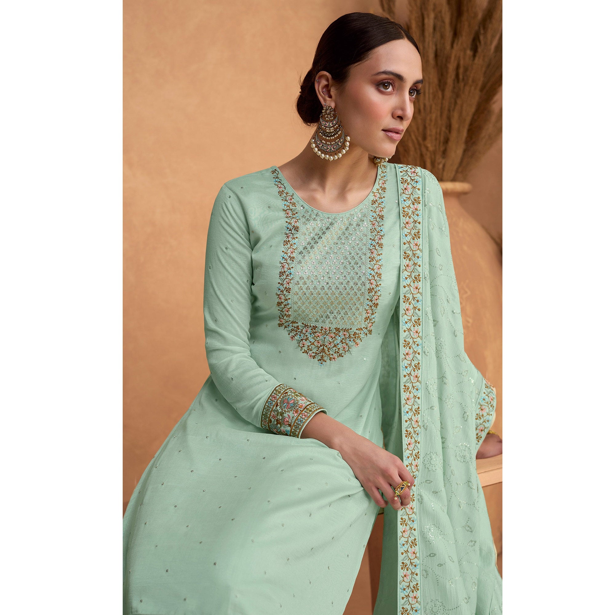 Sea Green Sequins Embroidered Pure Silk Semi Stitched Suit