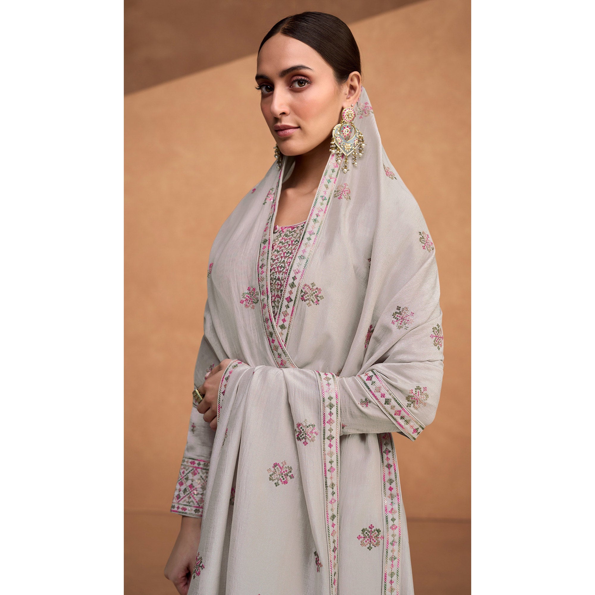 Grey Sequins Embroidered Pure Silk Semi Stitched Suit
