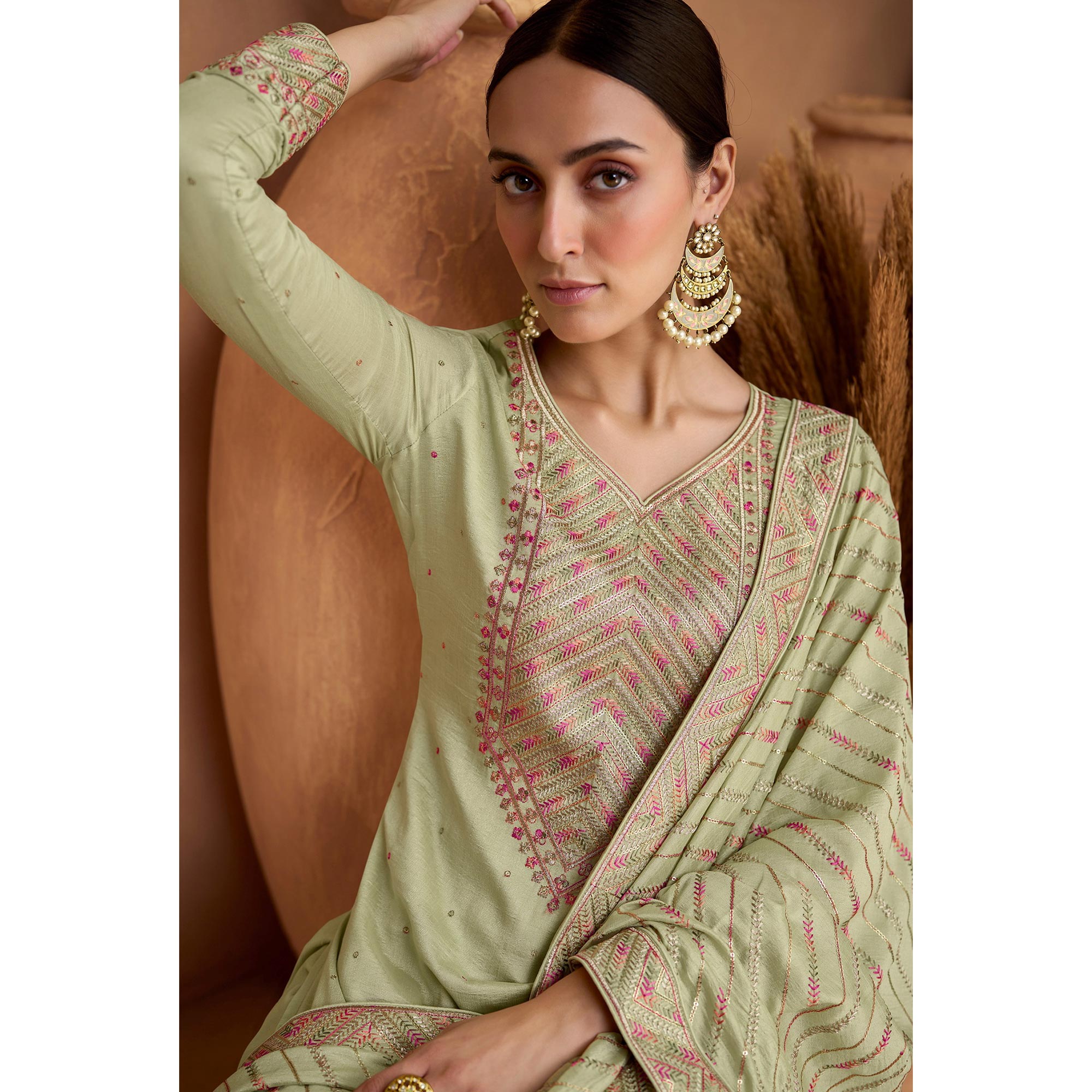 Green Sequins Embroidered Pure Silk Semi Stitched Suit