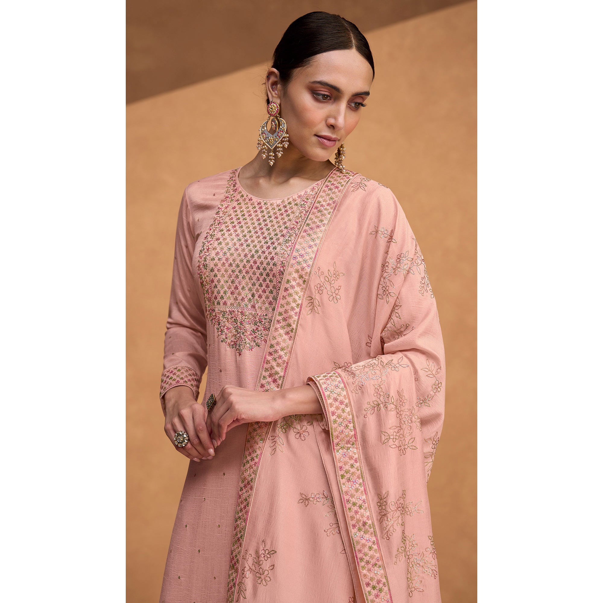 Peach Sequins Embroidered Pure Silk Semi Stitched Suit