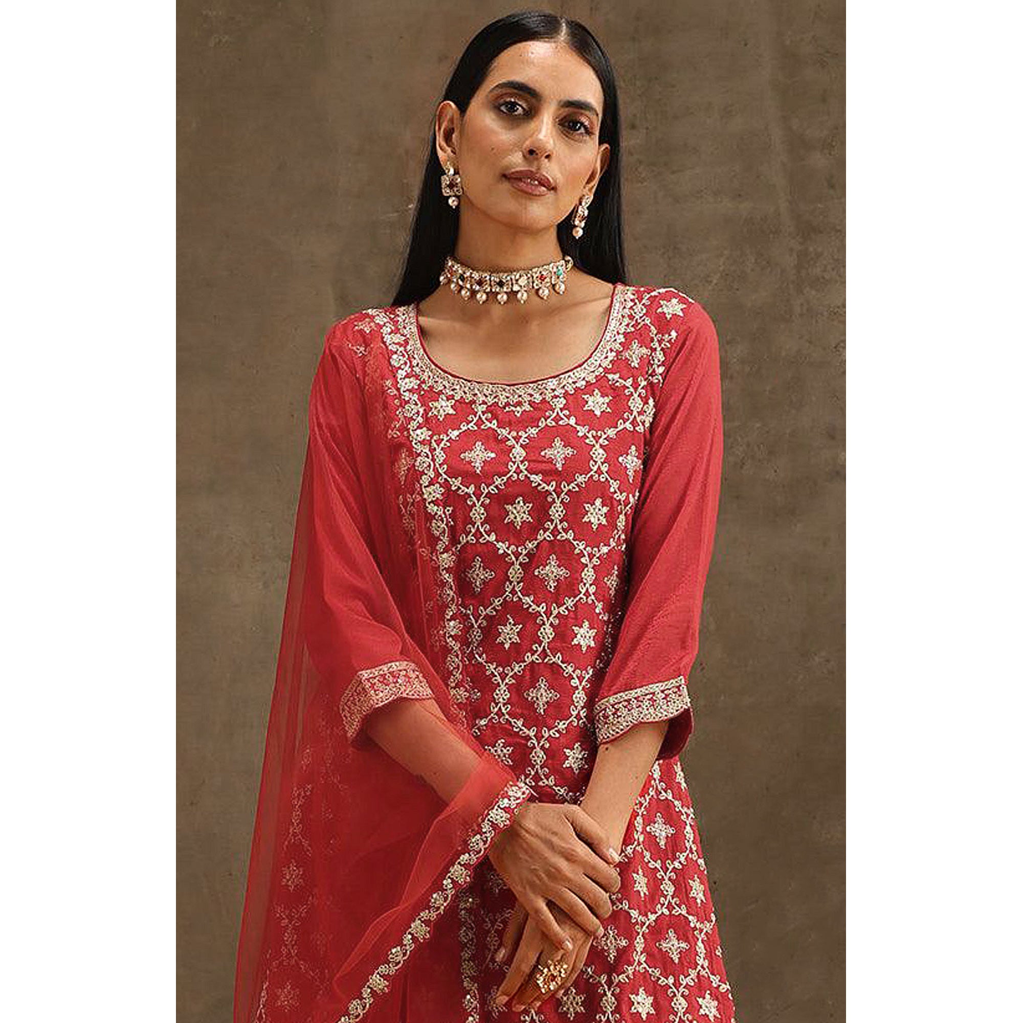 Red Embroidered Georgette Semi Stitched Suit