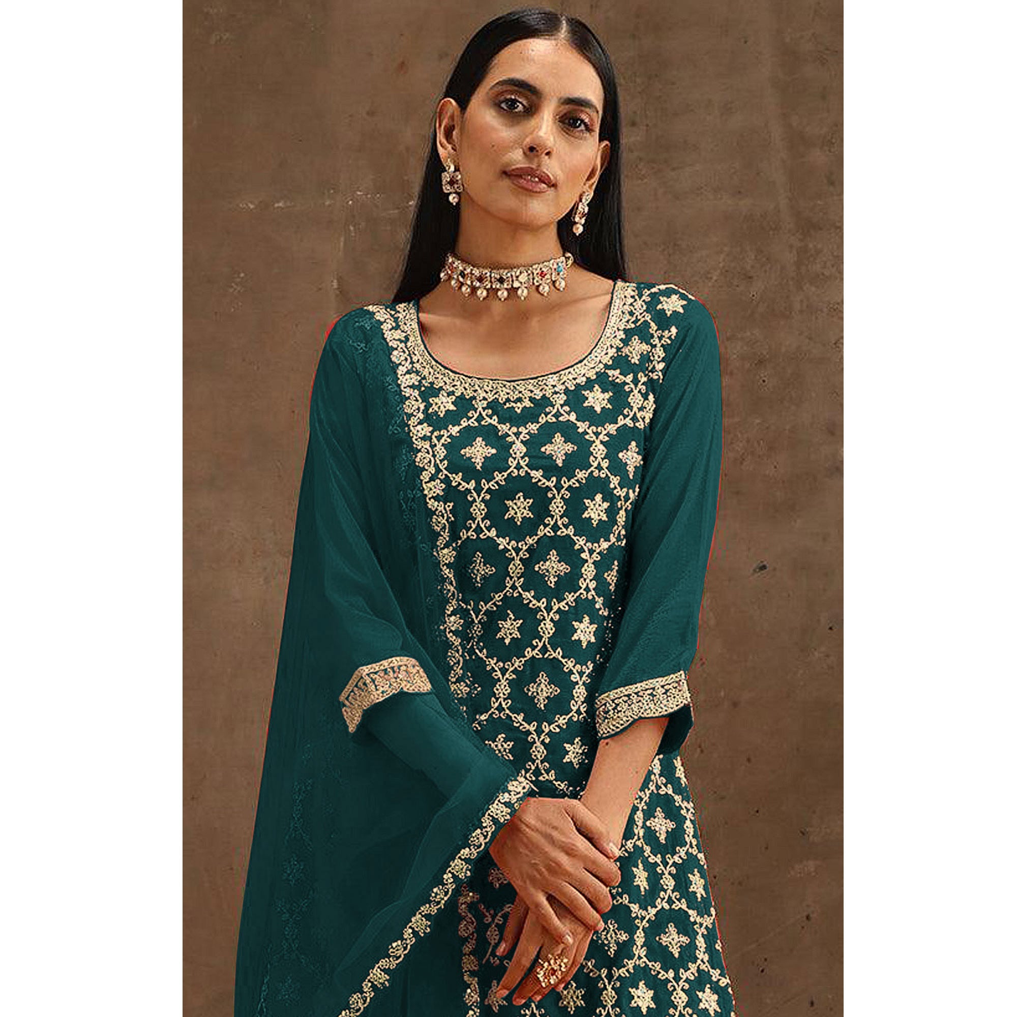 Green Embroidered Georgette Semi Stitched Suit