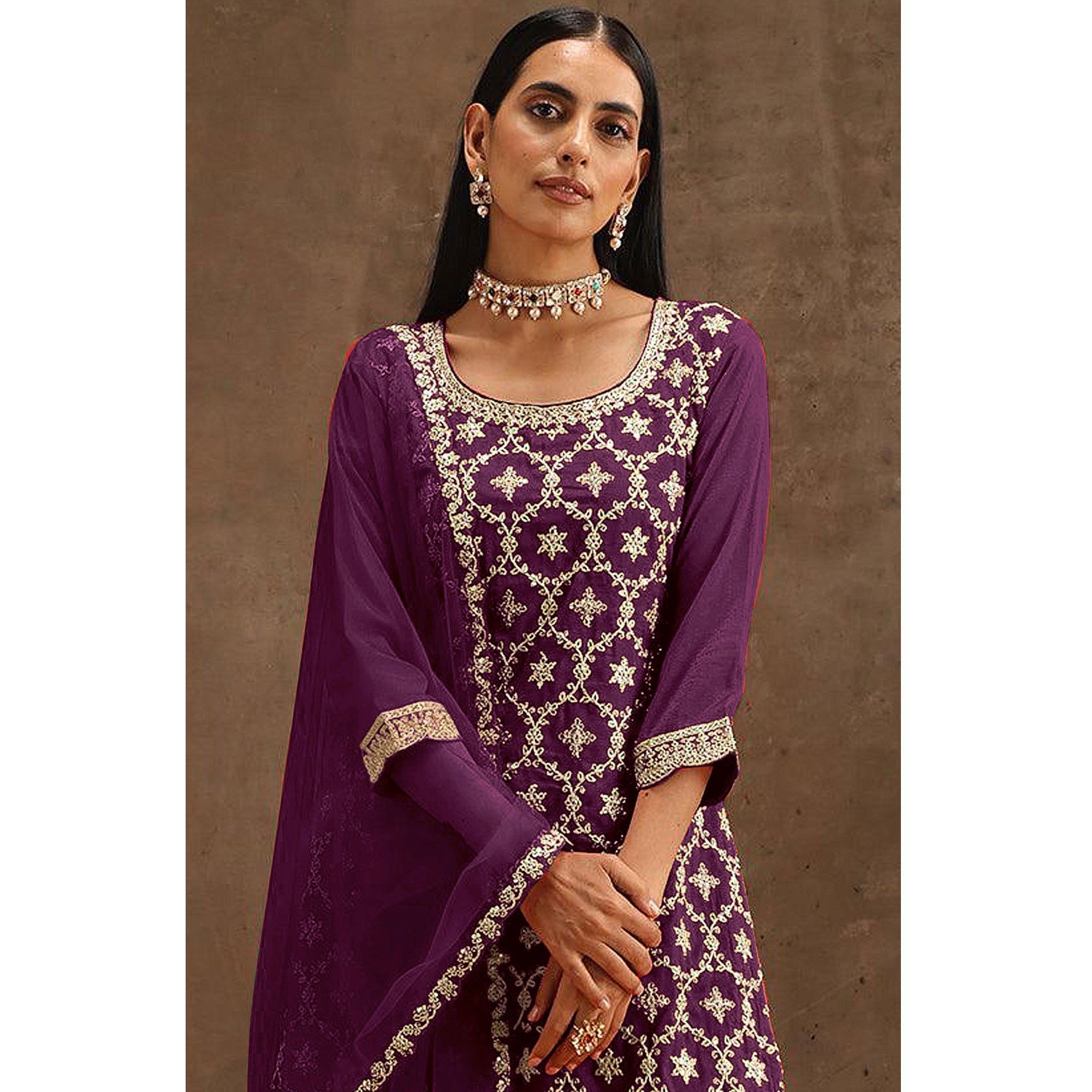 Purple Embroidered Georgette Semi Stitched Suit