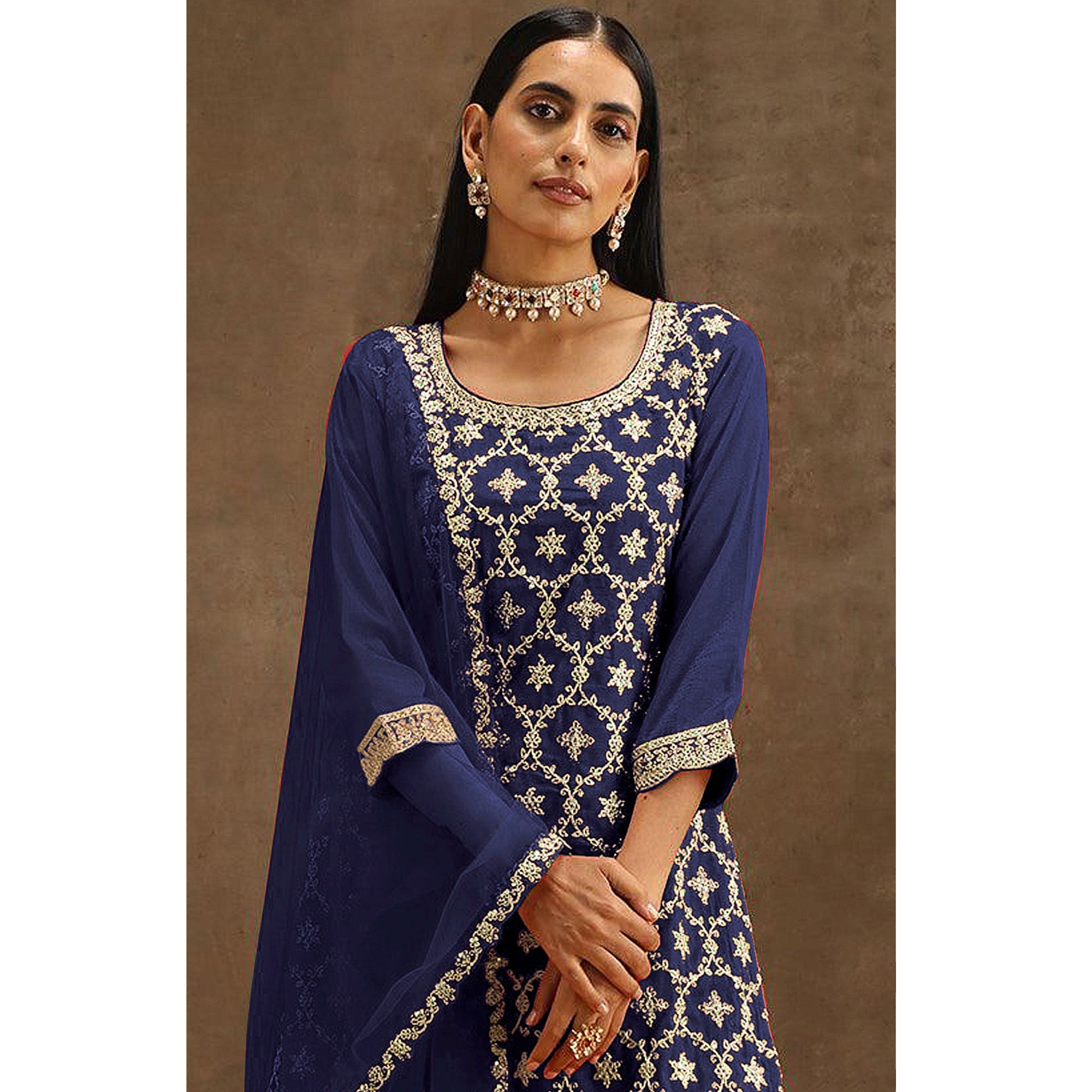 Blue Embroidered Georgette Semi Stitched Suit