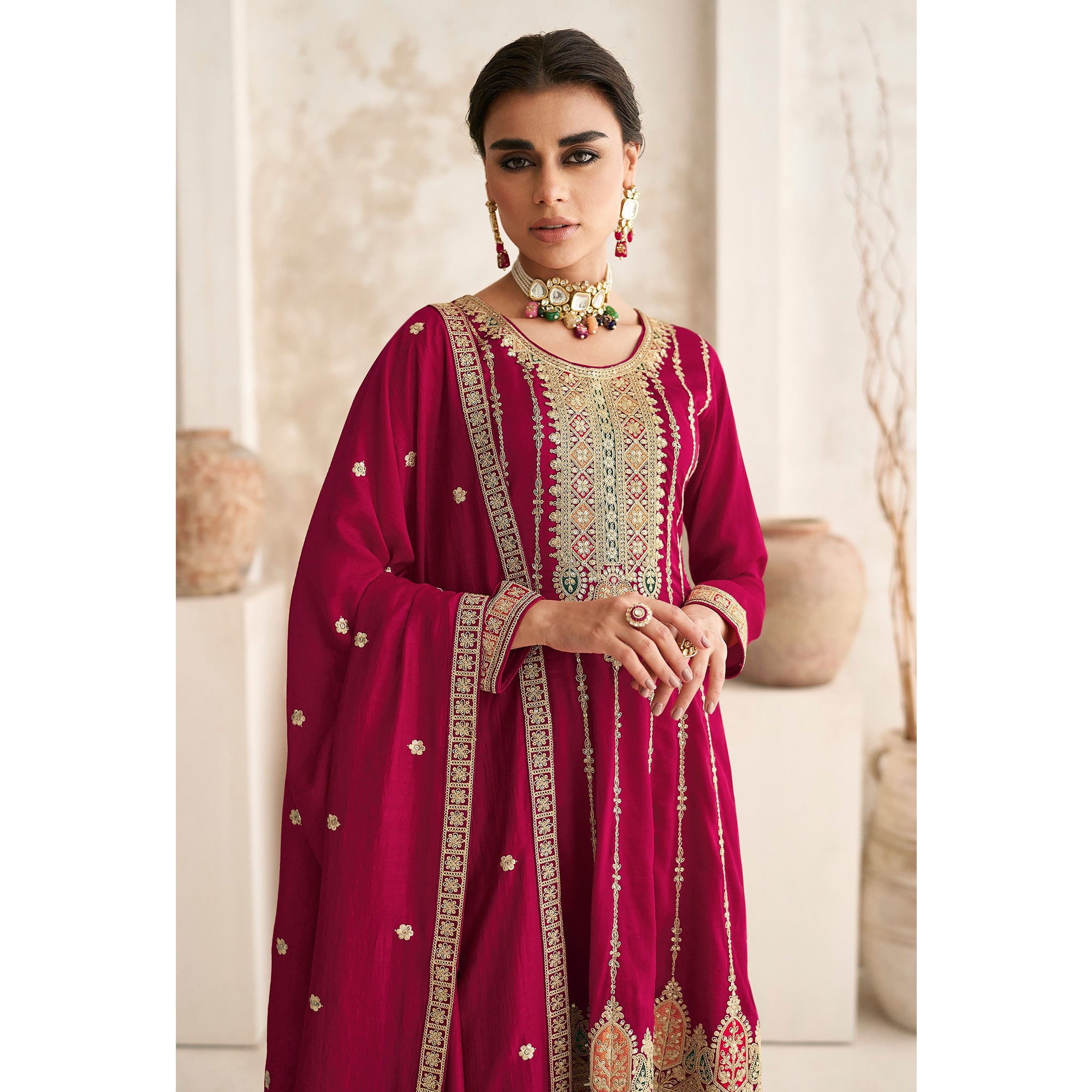Magenta Sequins Embroidered Georgette Semi Stitched Anarkali Suit