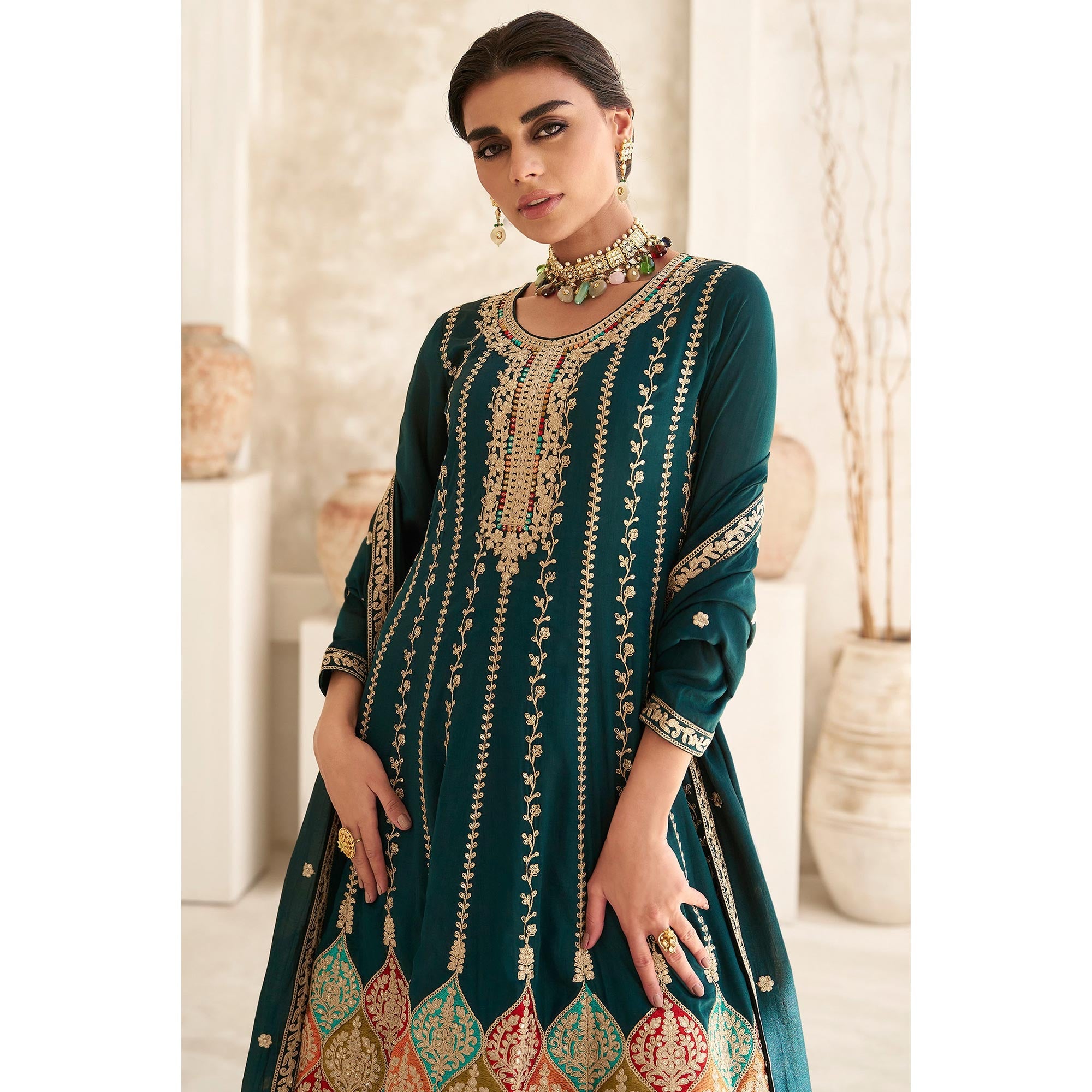 Green Sequins Embroidered Georgette Semi Stitched Anarkali Suit