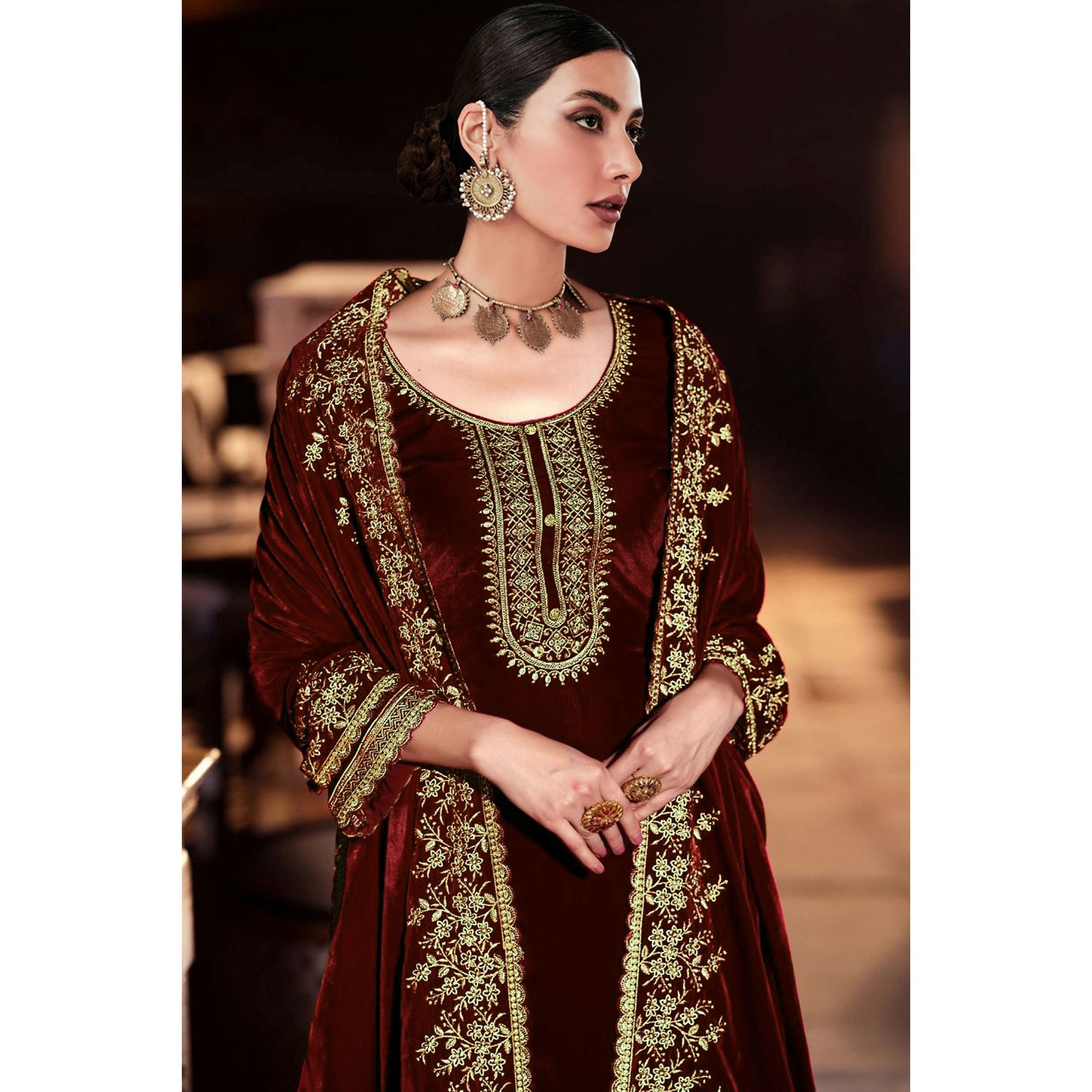Maroon Floral Embroidered Velvet Semi Stitched Suit