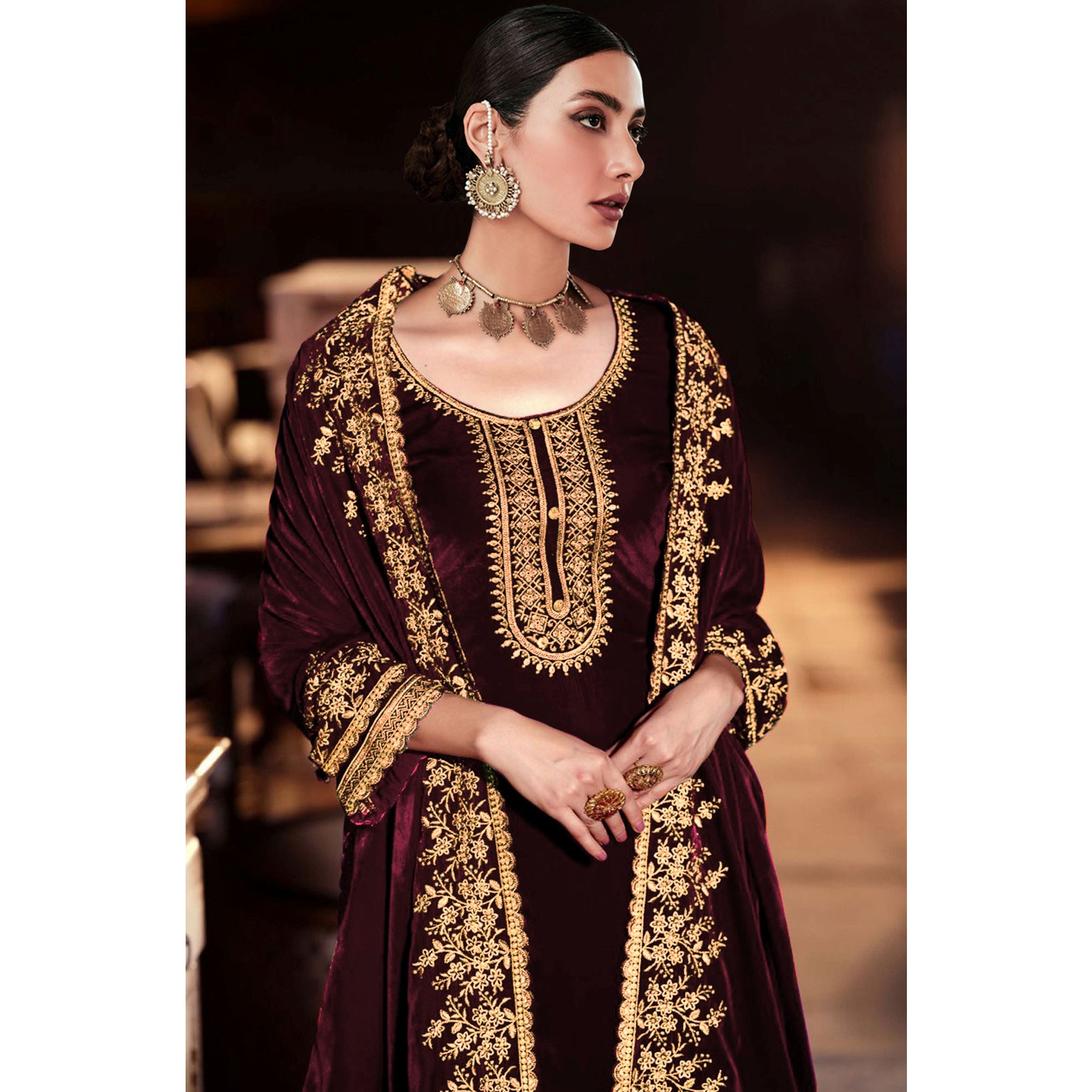Wine Floral Embroidered Velvel Semi Stitched Suit