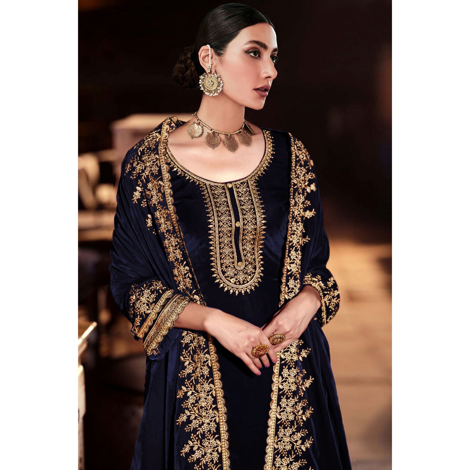 Blue Floral Embroidered Velvet Semi Stitched Suit