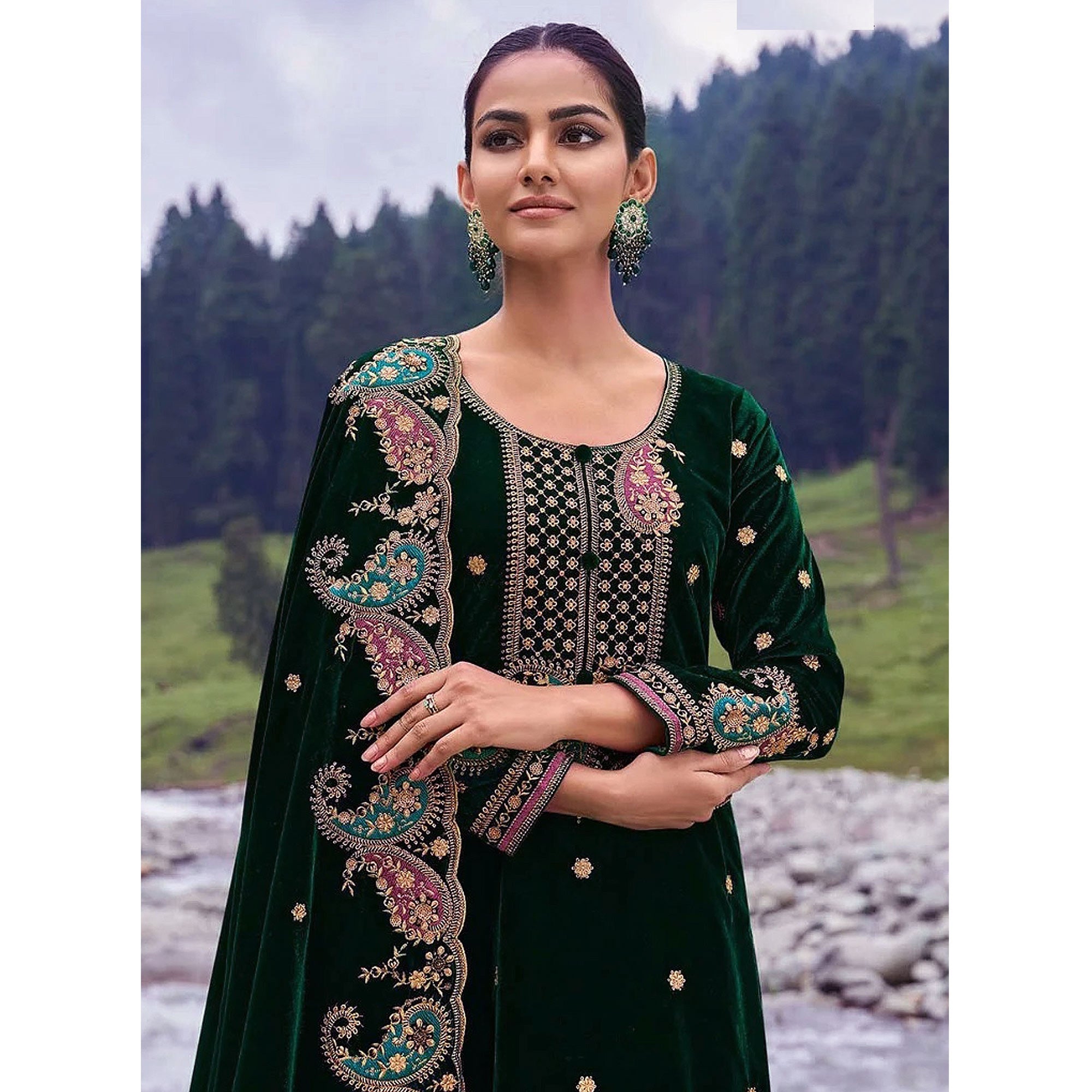 Green Floral Embroidered Velvet Semi Stitched Salwar Suit