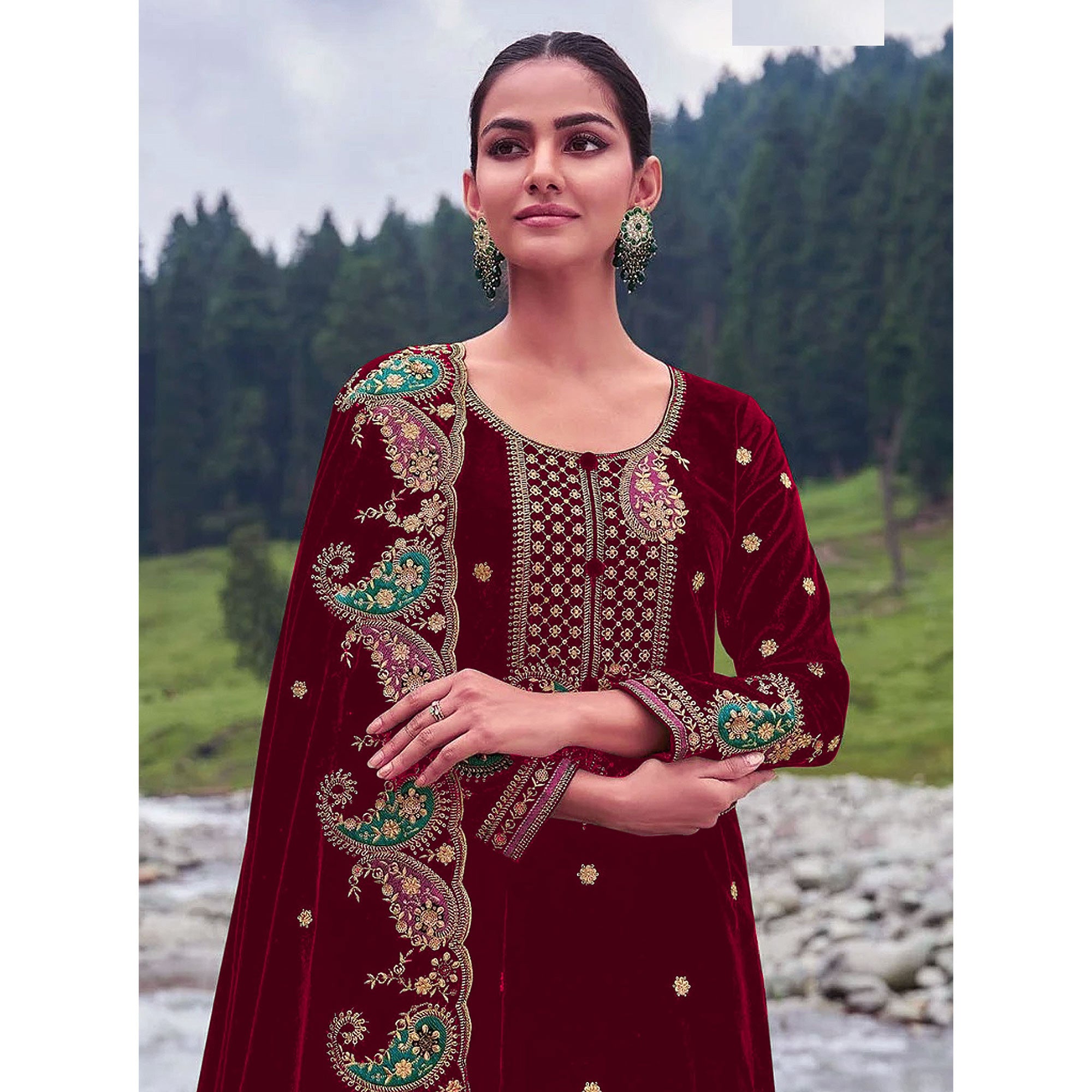 Maroon Floral Embroidered Velvet Semi Stitched Salwar Suit