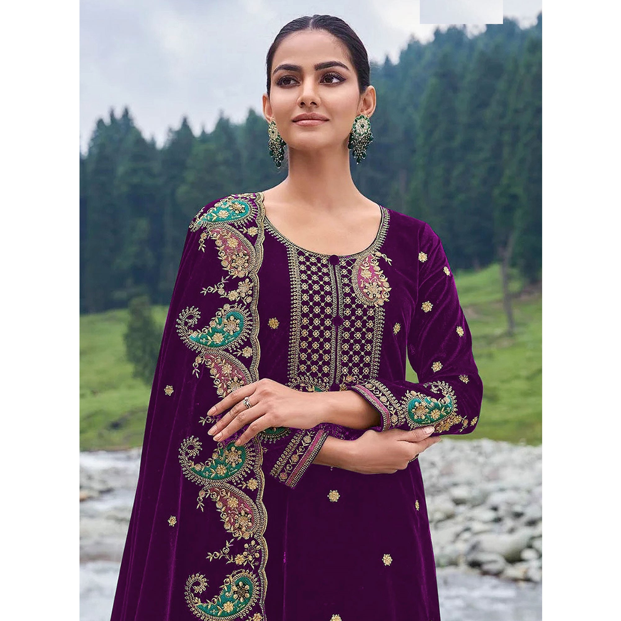 Purple Floral Embroidered Velvet Semi Stitched Salwar Suit