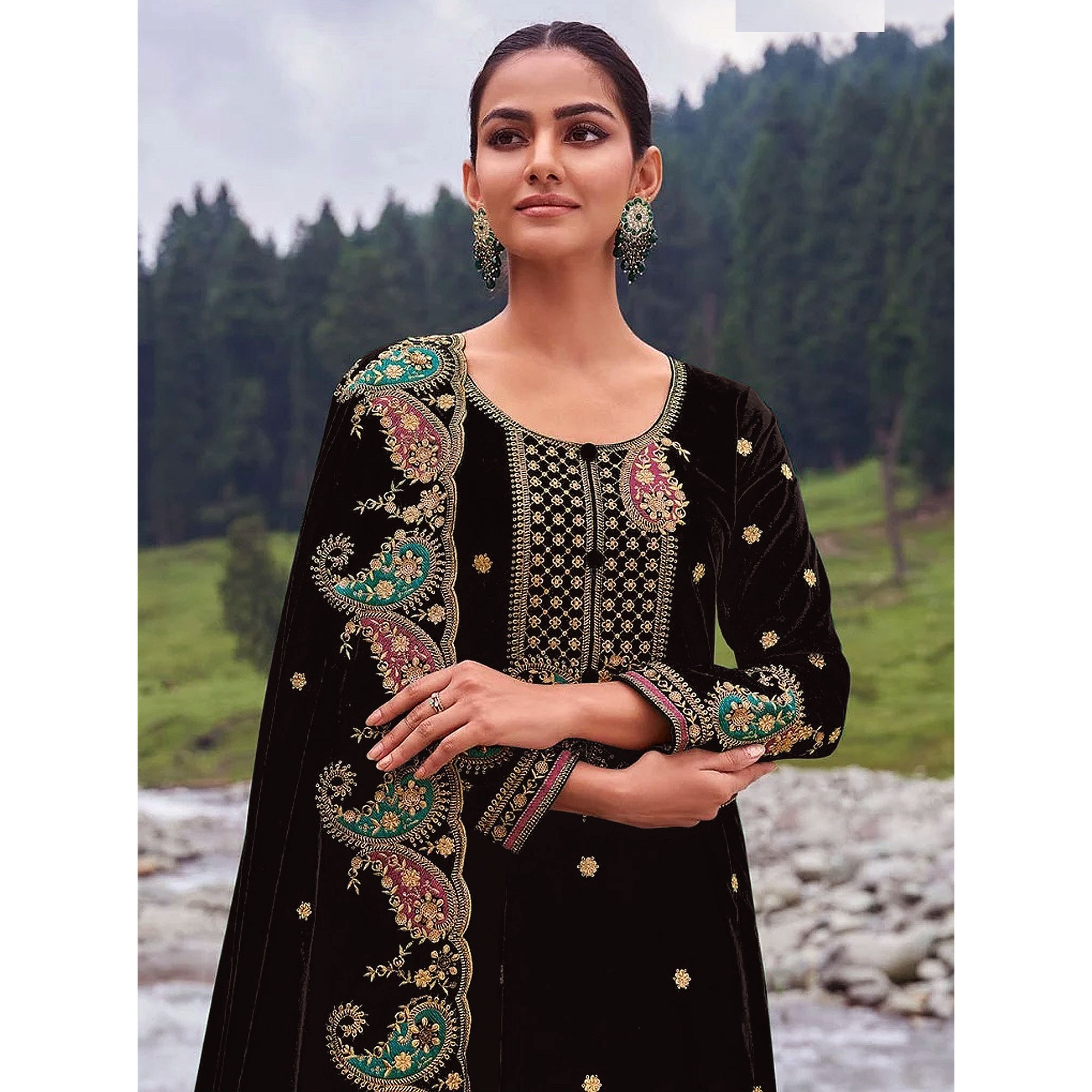 Black Floral Embroidered Velvet Semi Stitched Salwar Suit