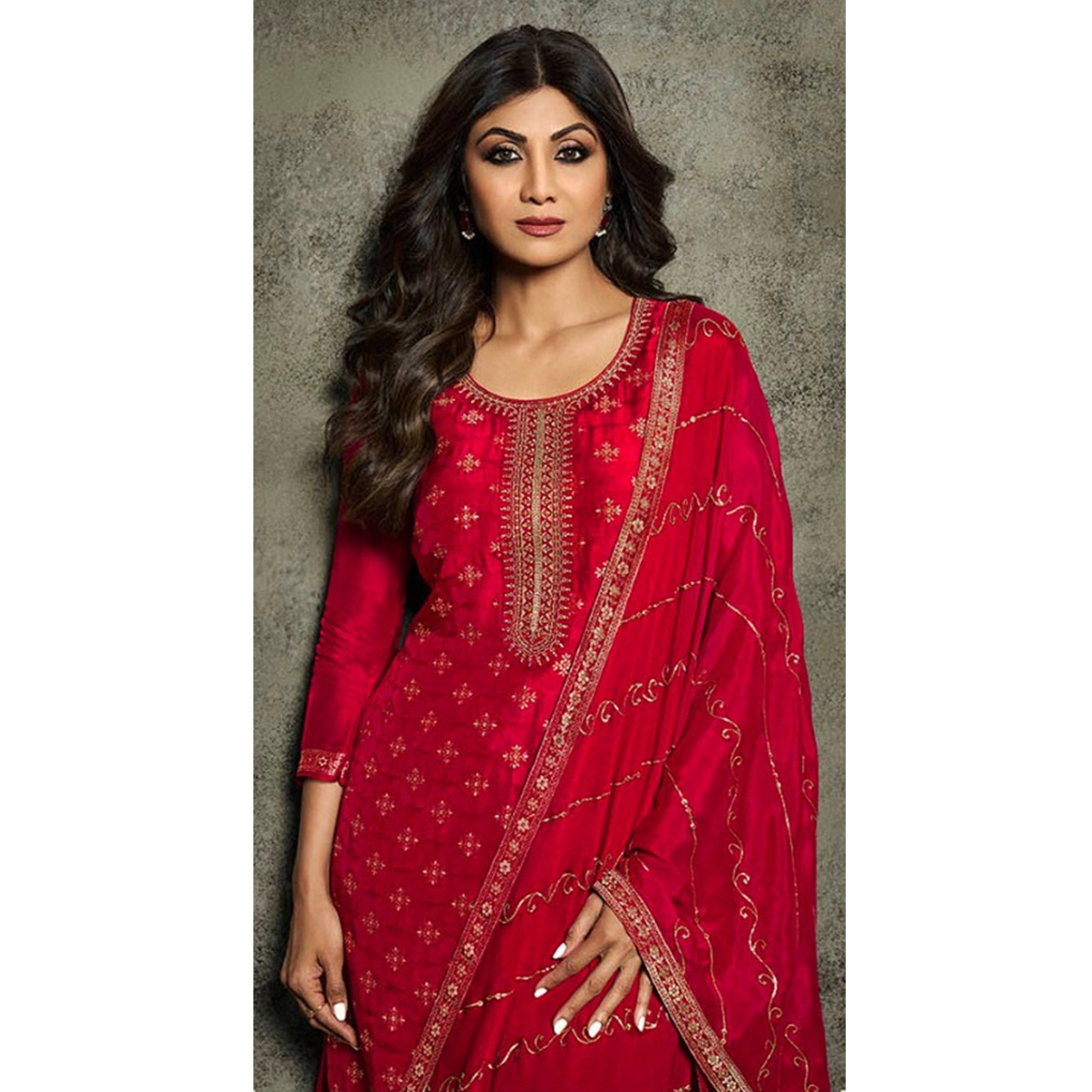 Red Floral Woven Jacquard Semi Stitched Salwar Suit