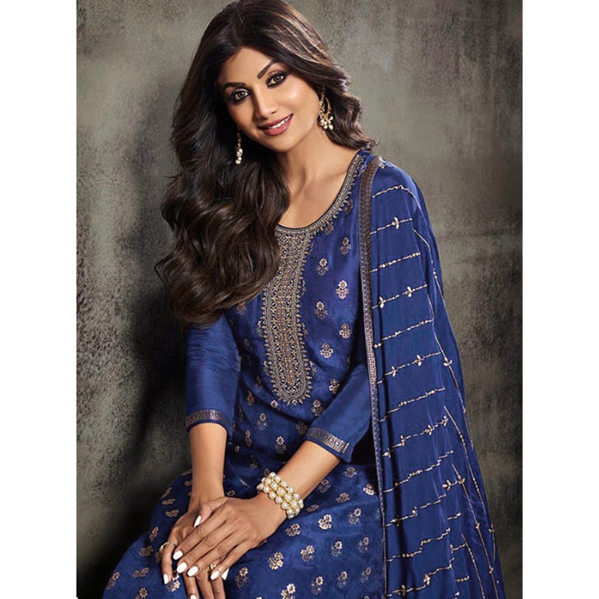 Blue Floral Woven Jacquard Semi Stitched Salwar Suit