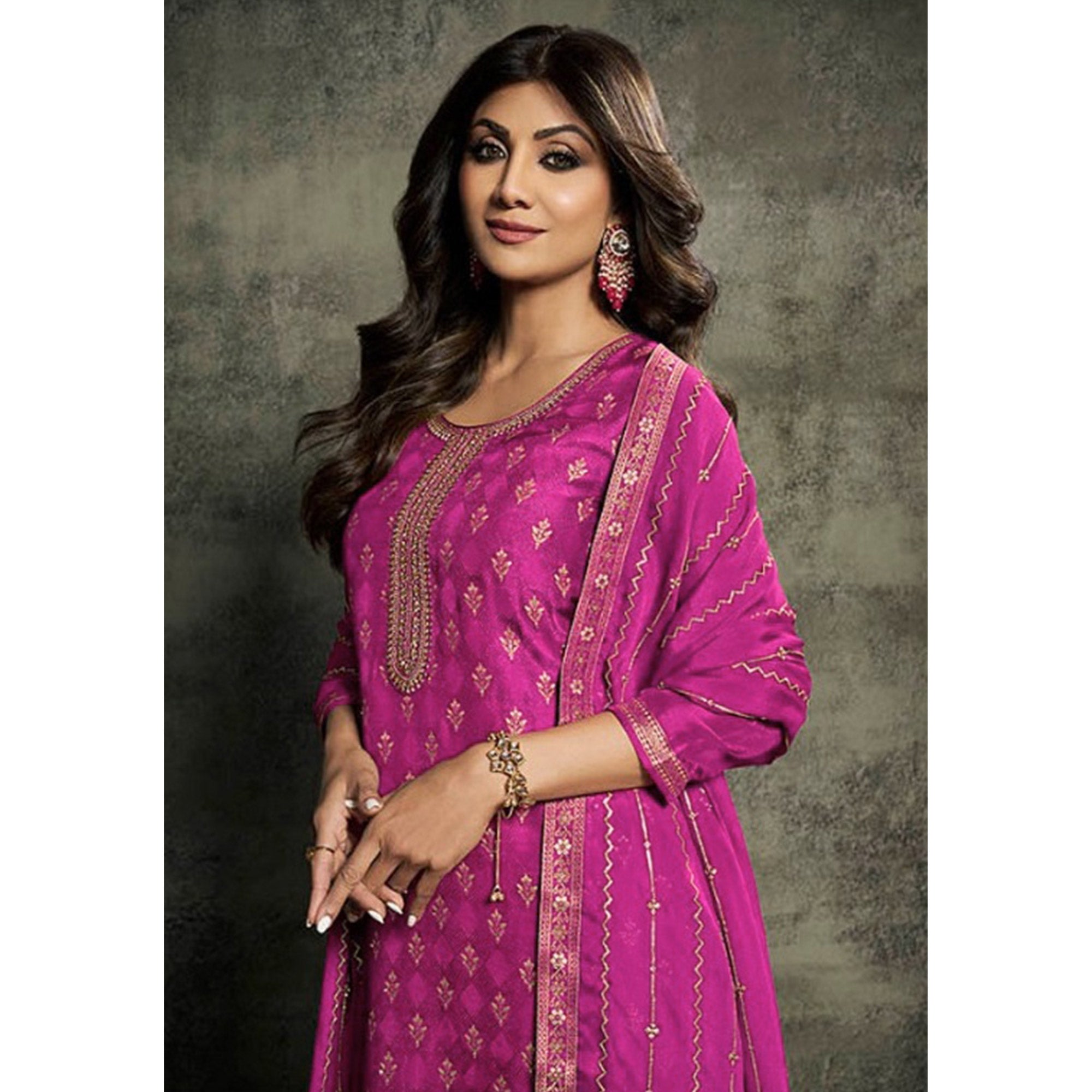 Rani Pink Floral Woven Jacquard Semi Stitched Salwar Suit