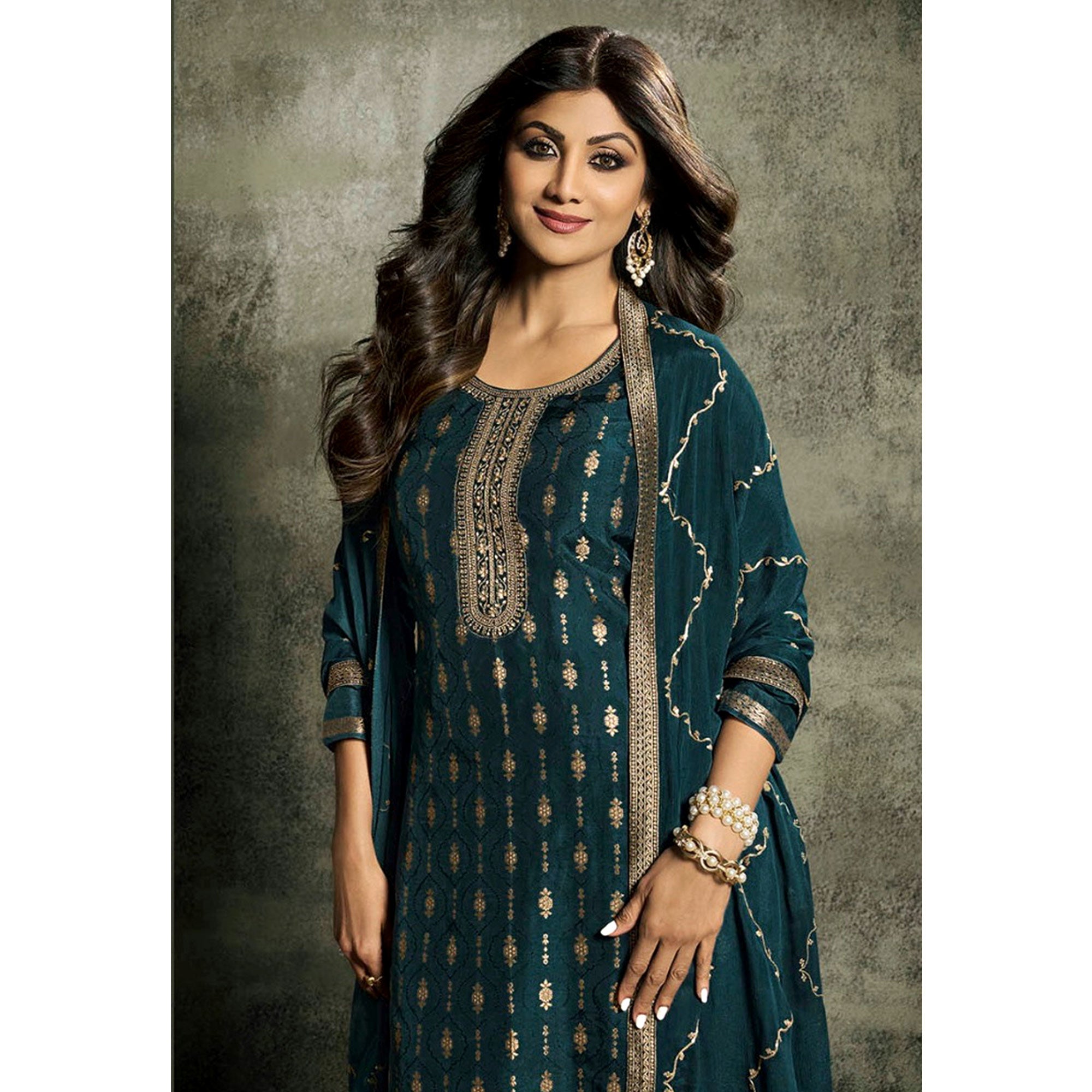 Teal Floral Woven Jacquard Semi Stitched Salwar Suit