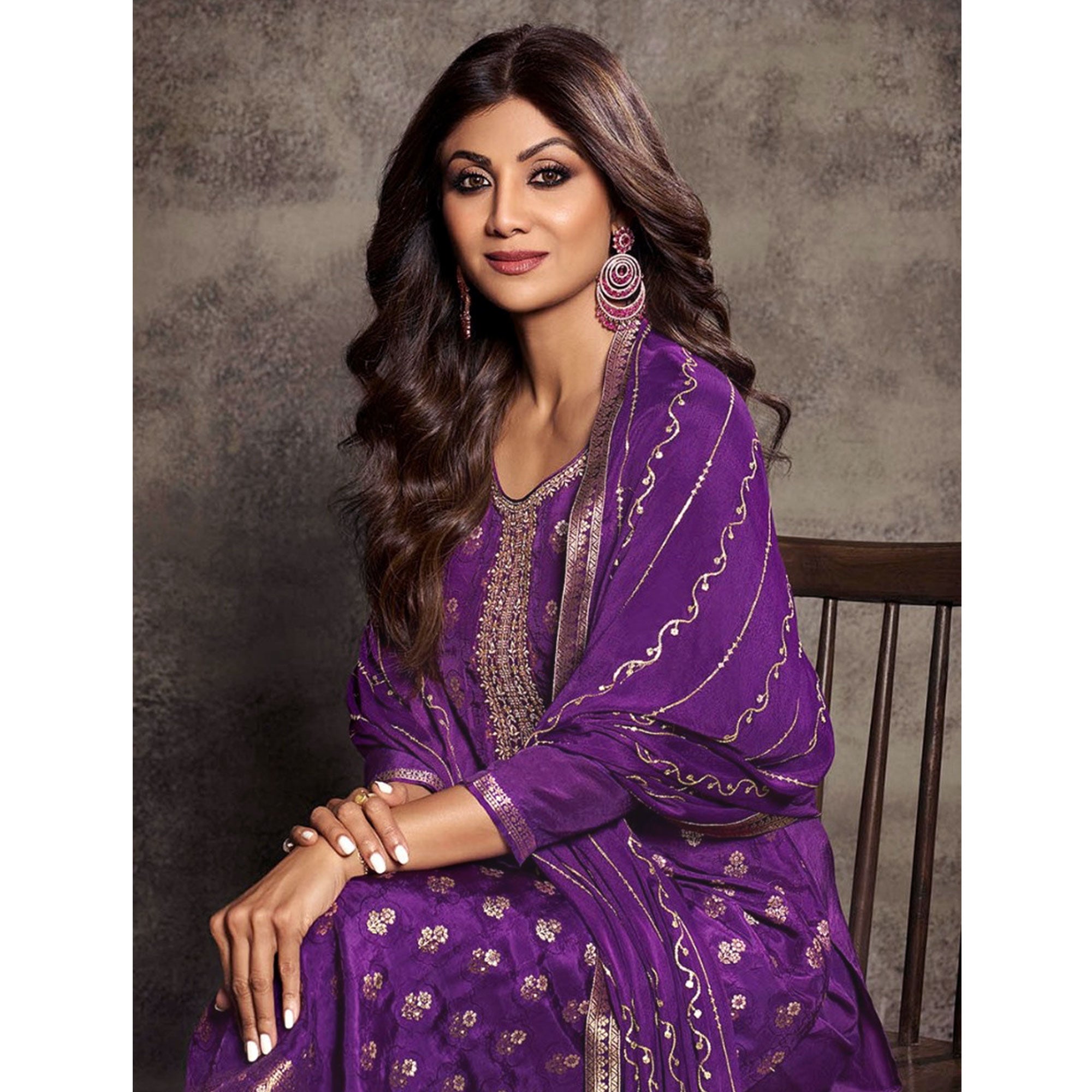 Purple Floral Woven Jacquard Semi Stitched Salwar Suit