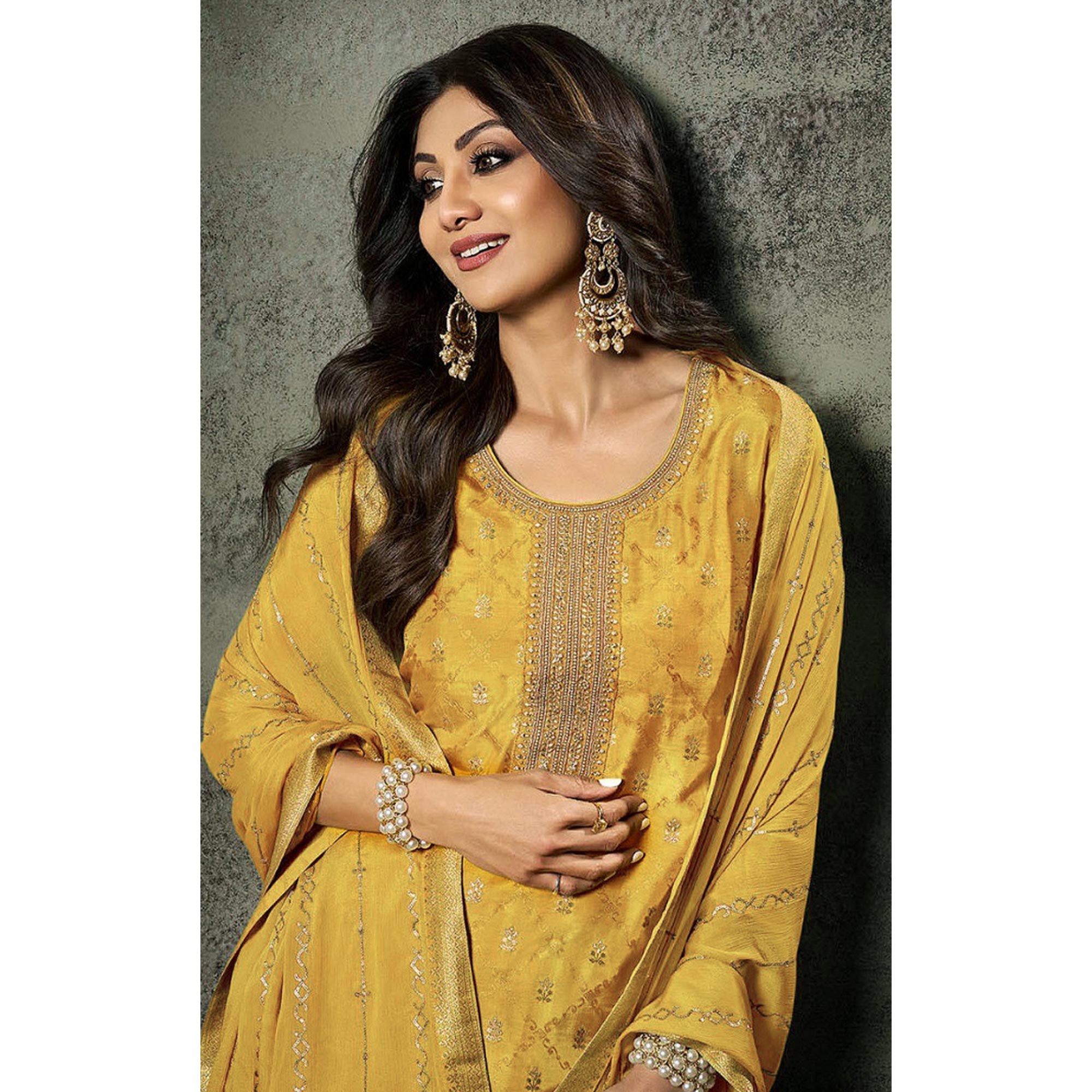 Yellow Floral Woven Jacquard Semi Stitched Salwar Suit