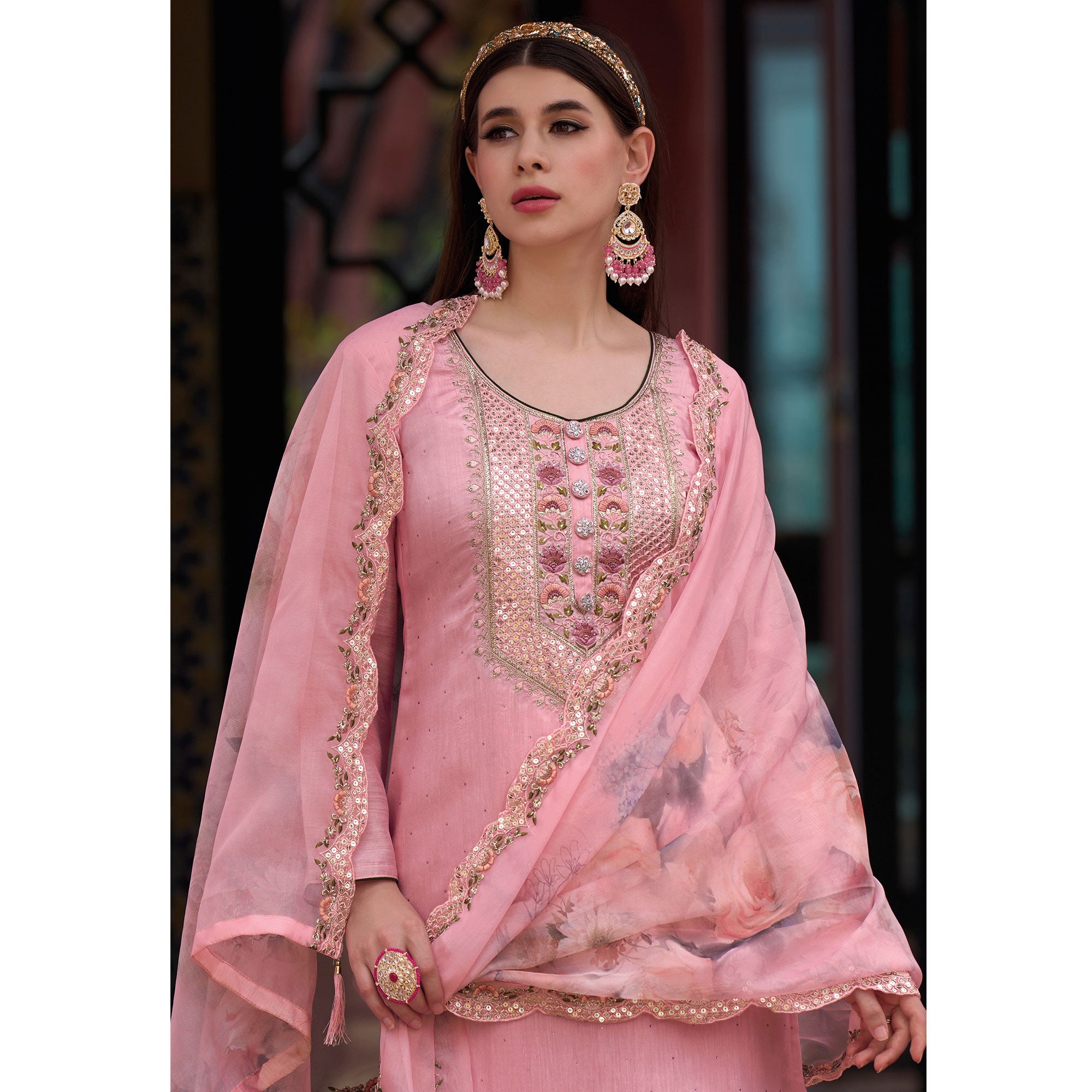 Pink Floral Embroidered Viscose Semi Stitched Suit