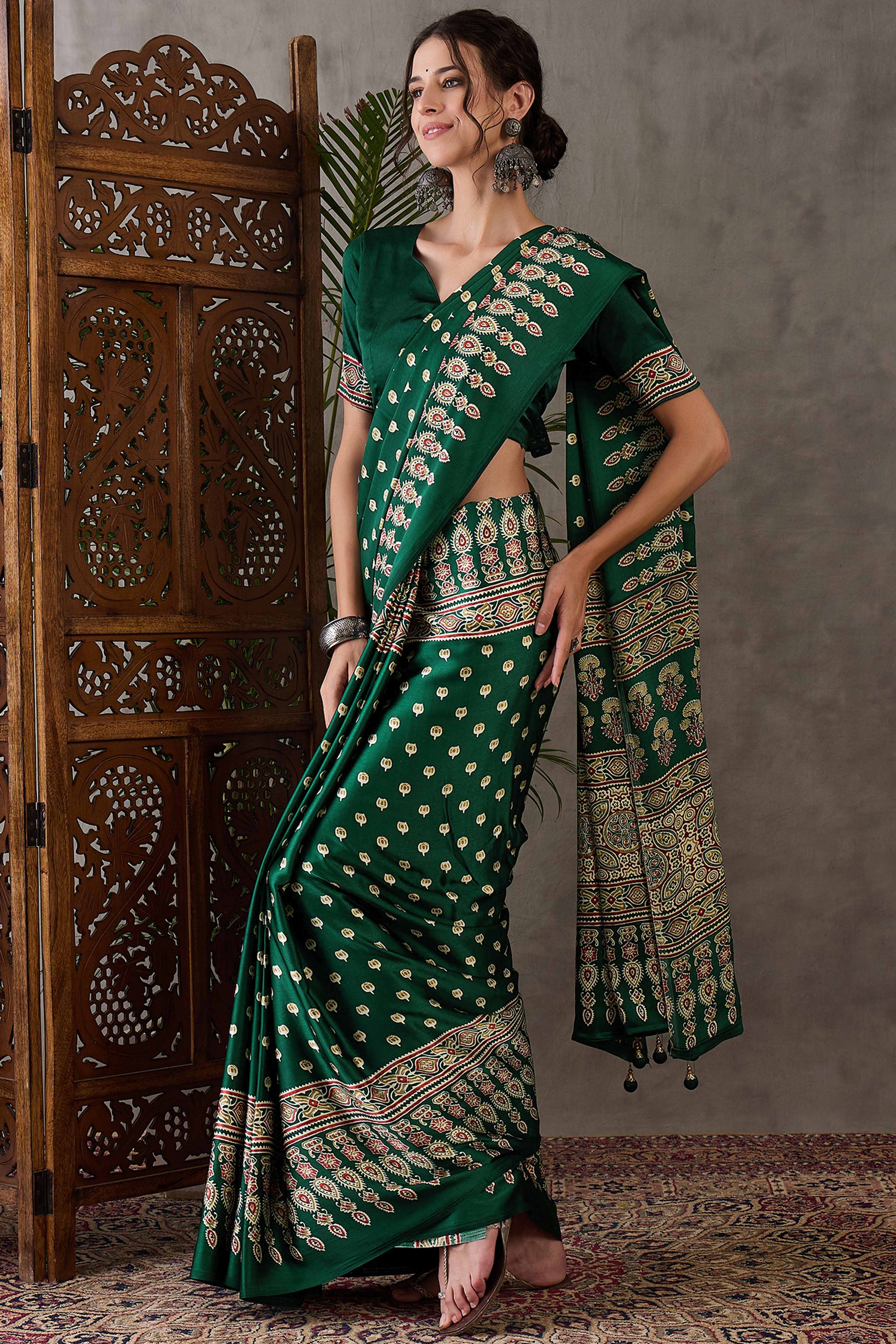 Green Ajrakh Inspired Printed Modal Satin Saree for Party Occasions