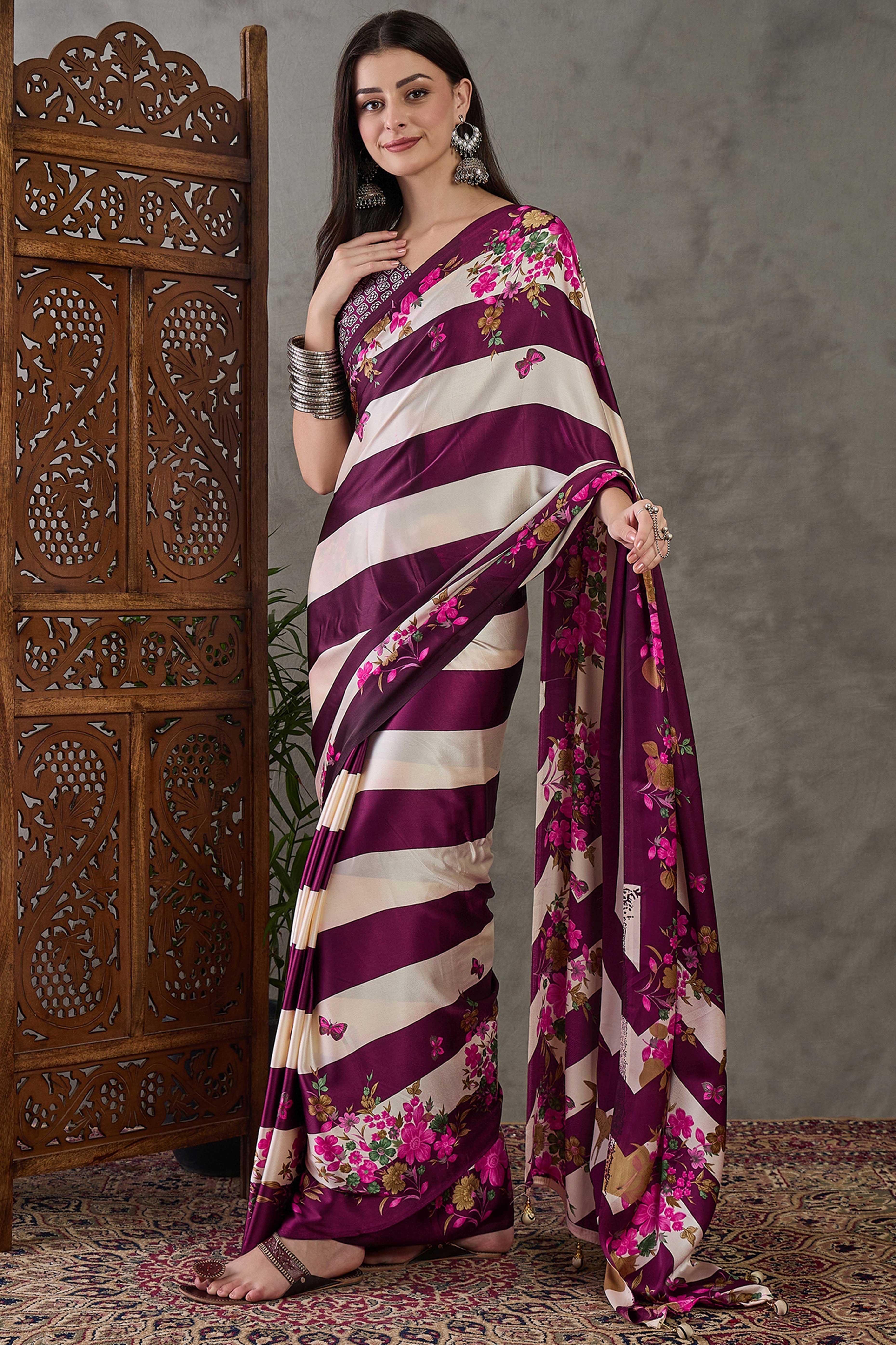 Wine Floral Printed Modal Satin Party Wear Saree with a Smooth Satin Finish