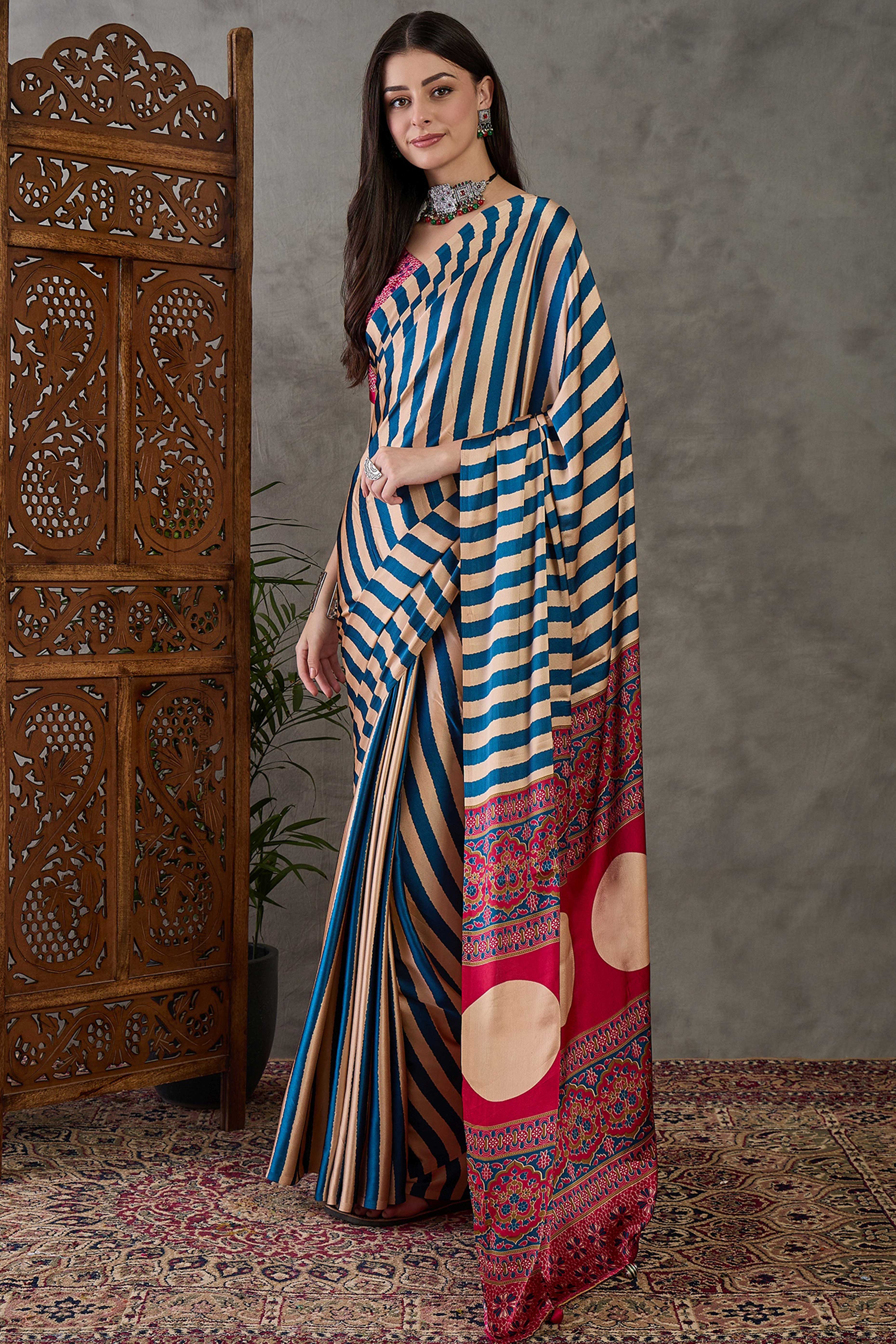 Blue Modal Satin Saree with Subtle Stripe Design and Ajrakh Print on Pallu