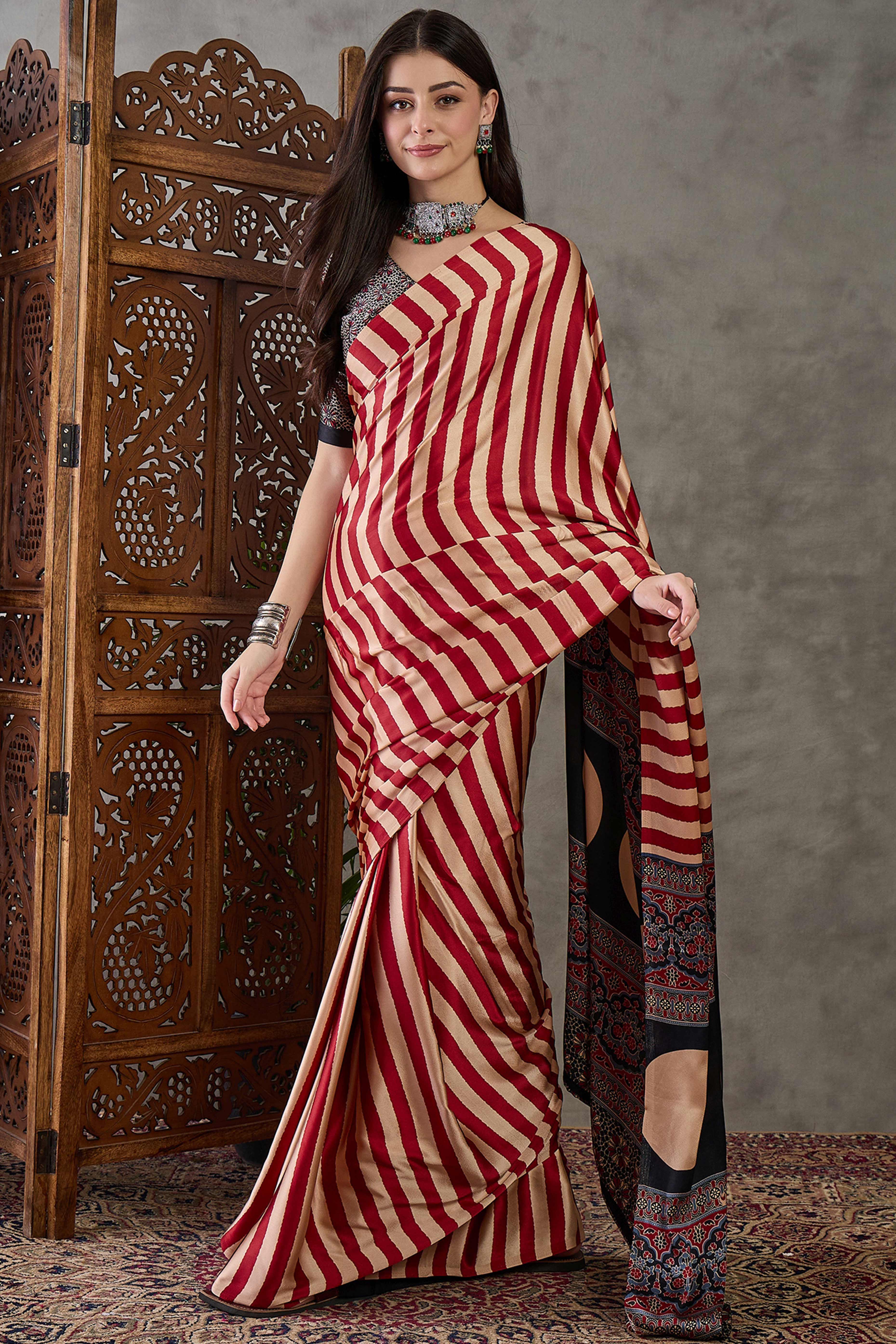 Red Modal Satin Saree with Subtle Stripe Design and Ajrakh Print on Pallu