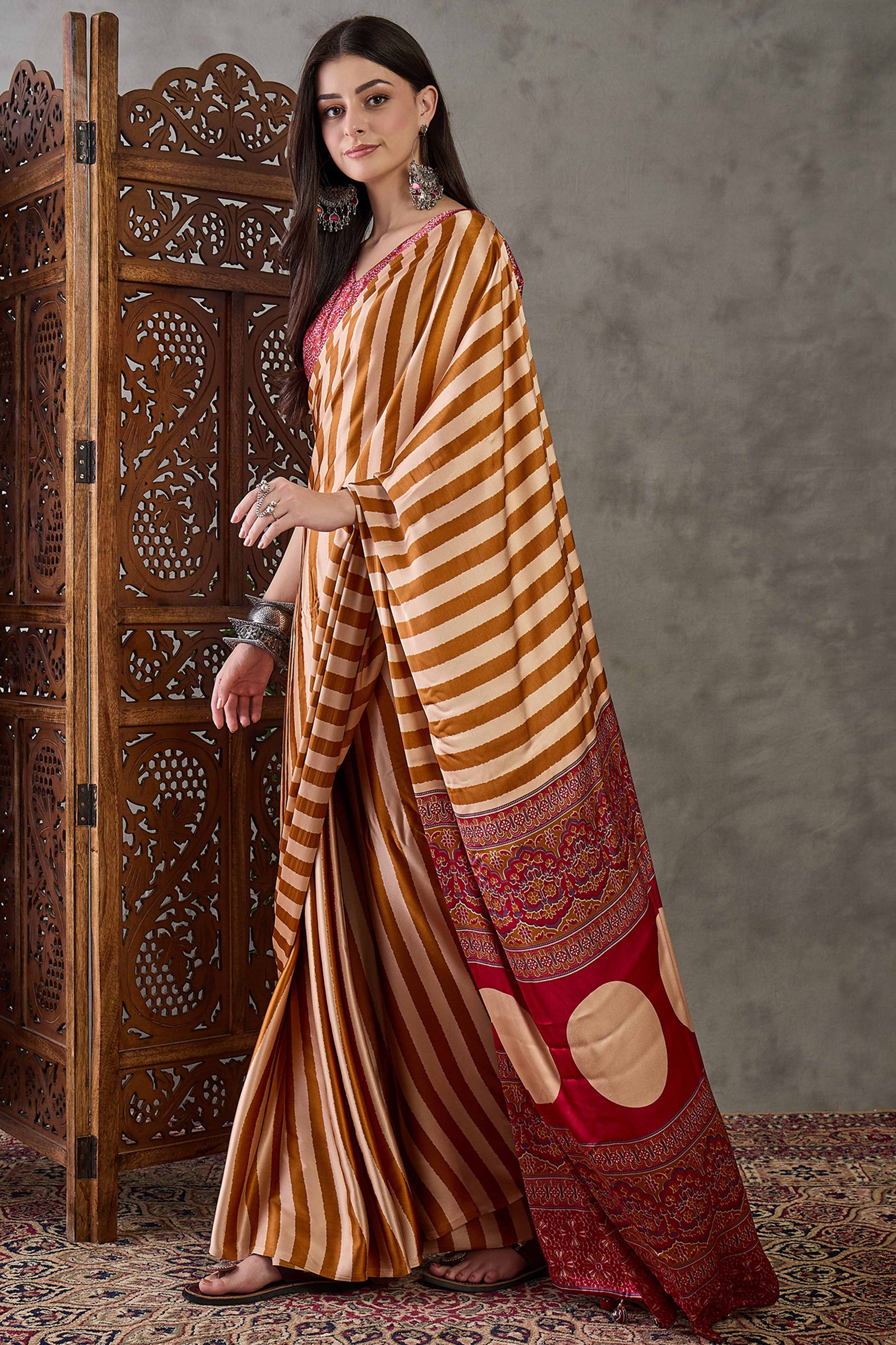 Yellow Modal Satin Saree with Subtle Stripe Design and Ajrakh Print on Pallu