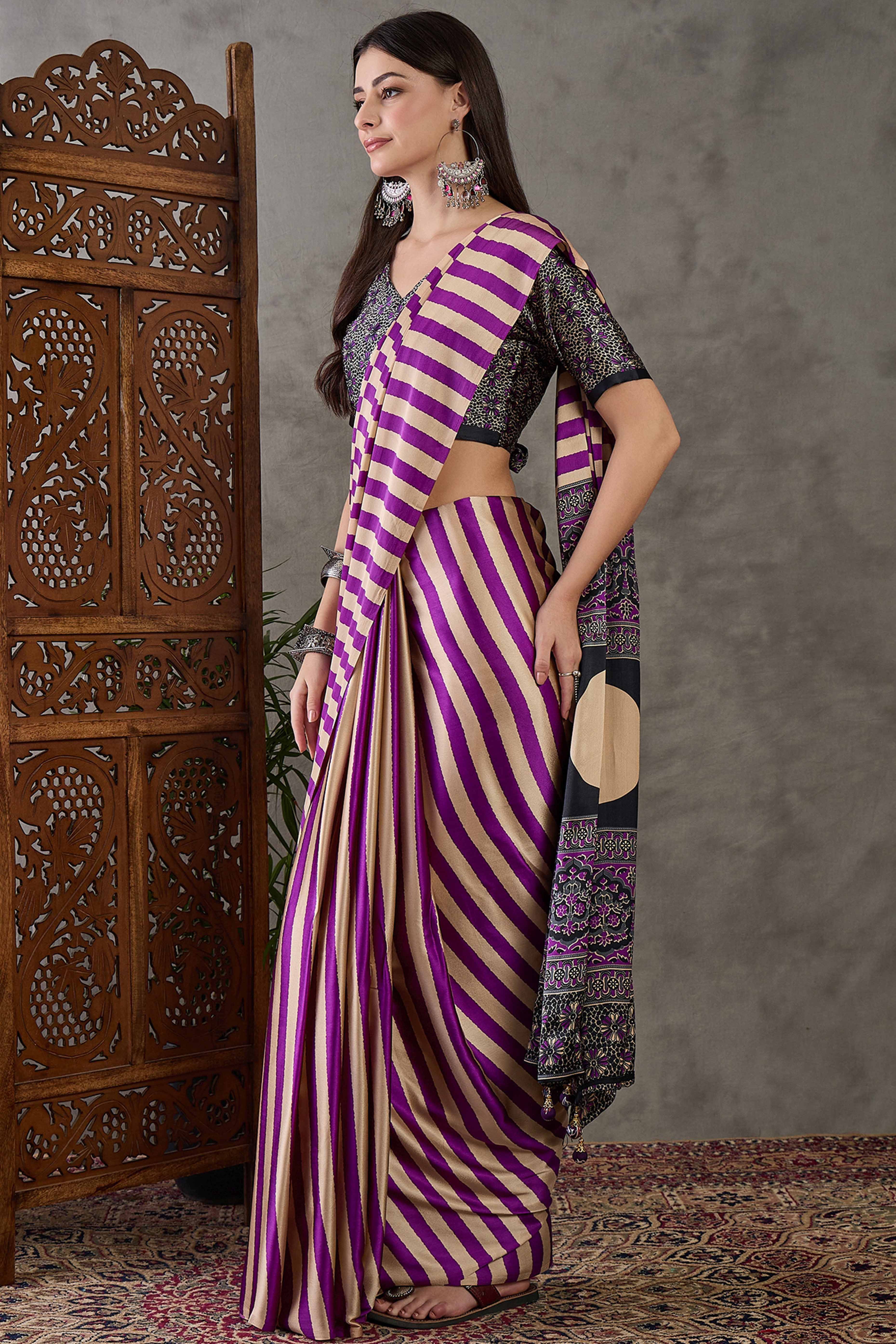 Purple Modal Satin Saree with Subtle Stripe Design and Ajrakh Print on Pallu
