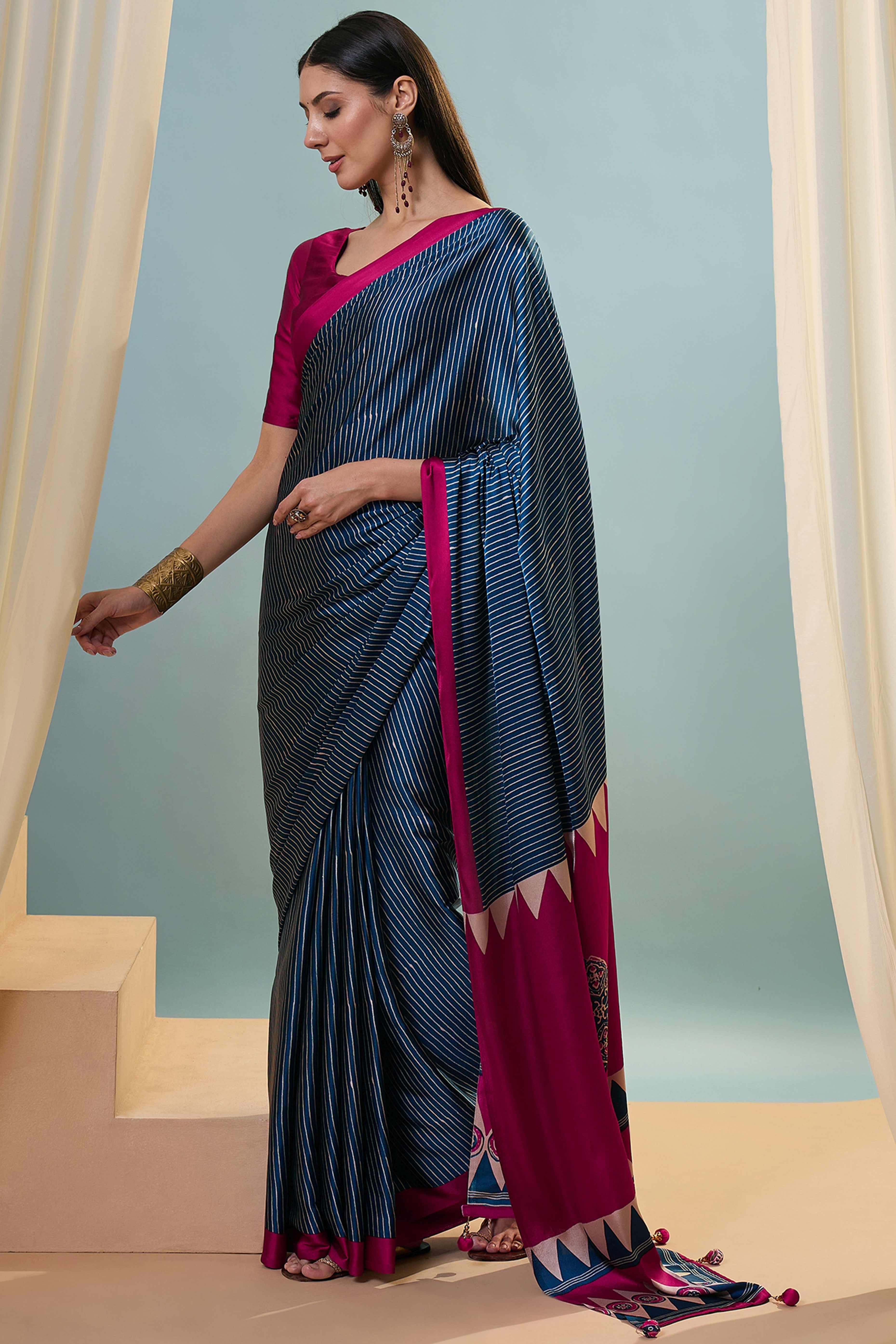 Blue Ajrakh Print Satin Saree With Traditional Charm