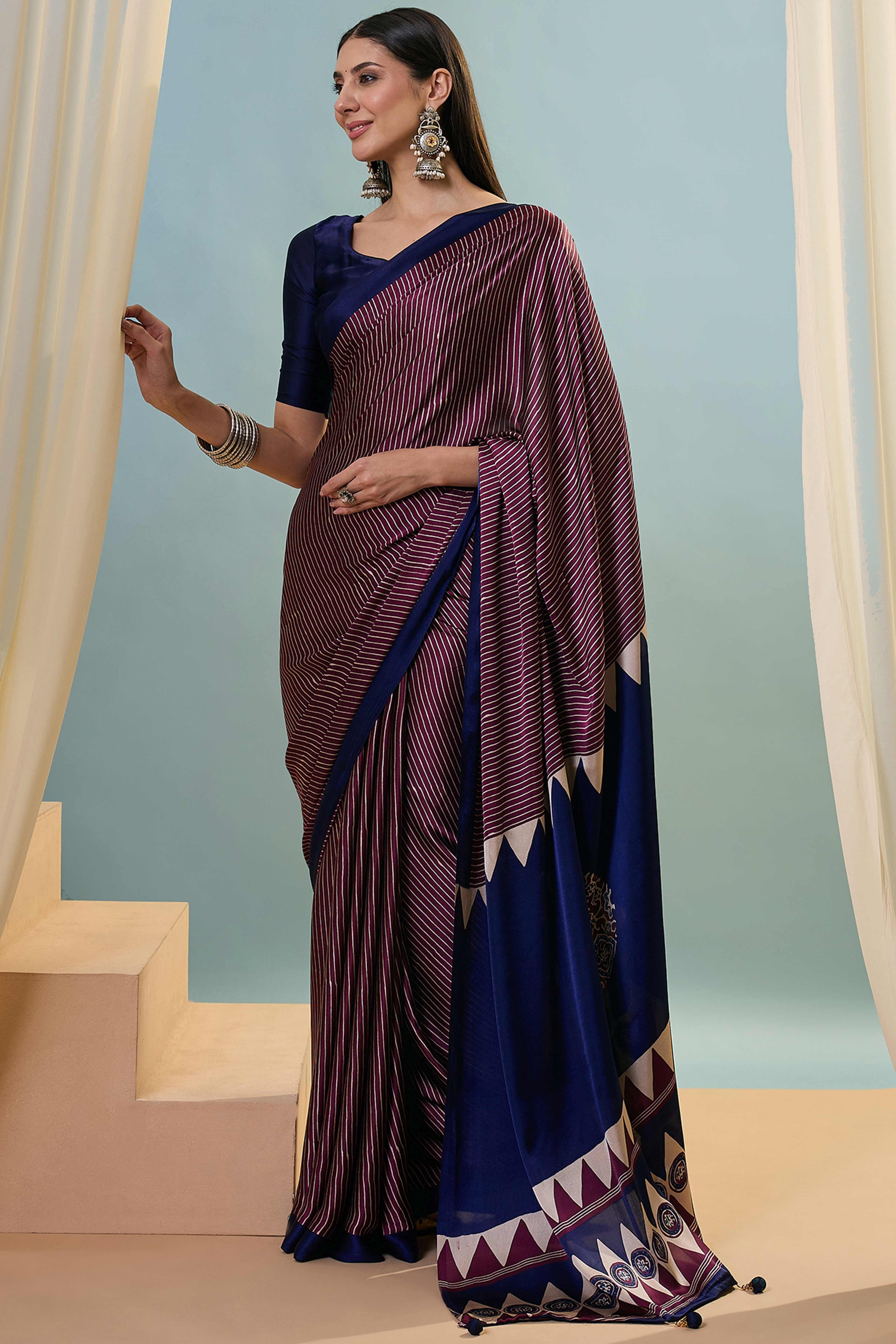 Wine Ajrakh Print Satin Saree With Traditional Charm