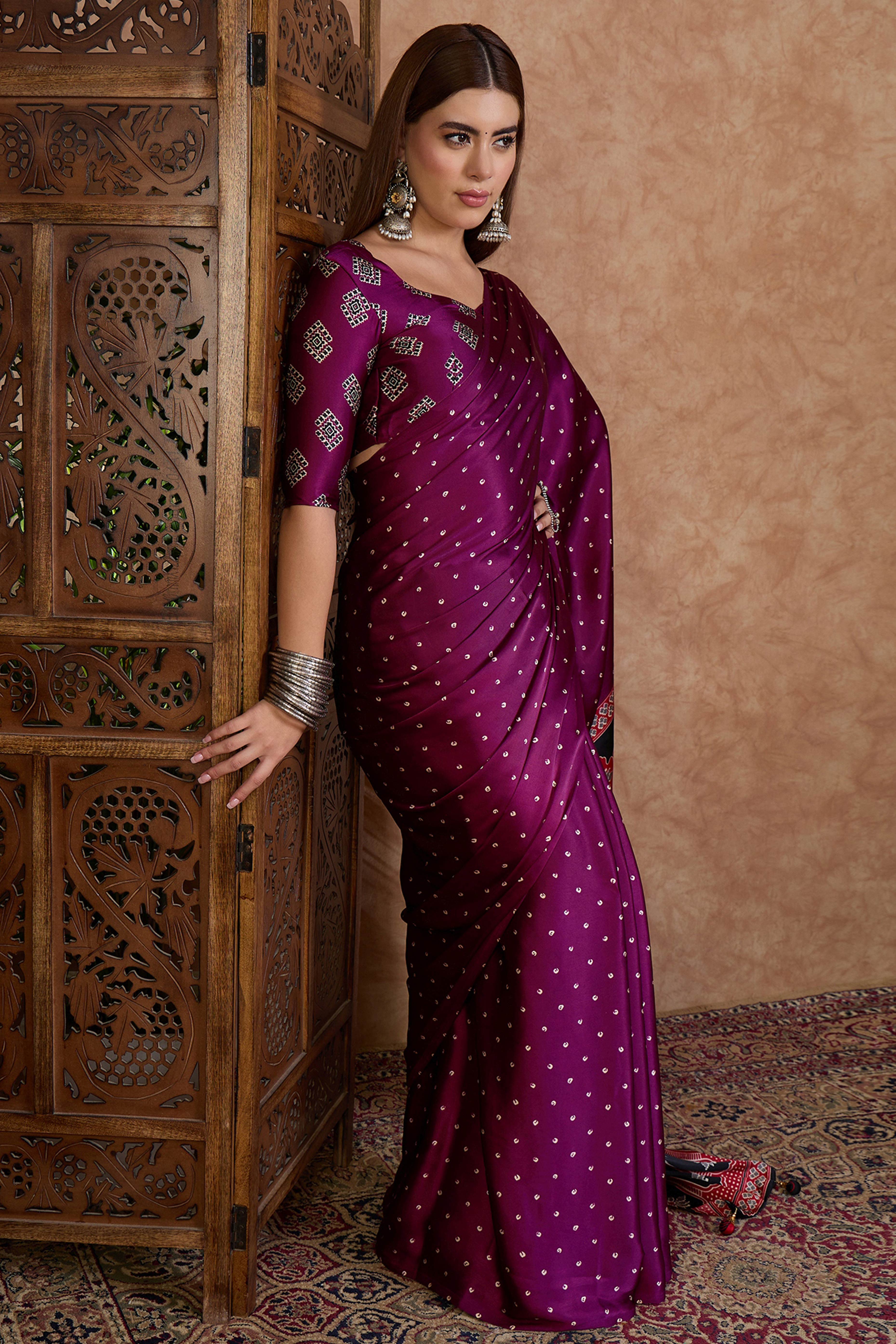 Wine Polka Dot Modal Satin Saree with Traditional Ajrakh Detailing on Pallu