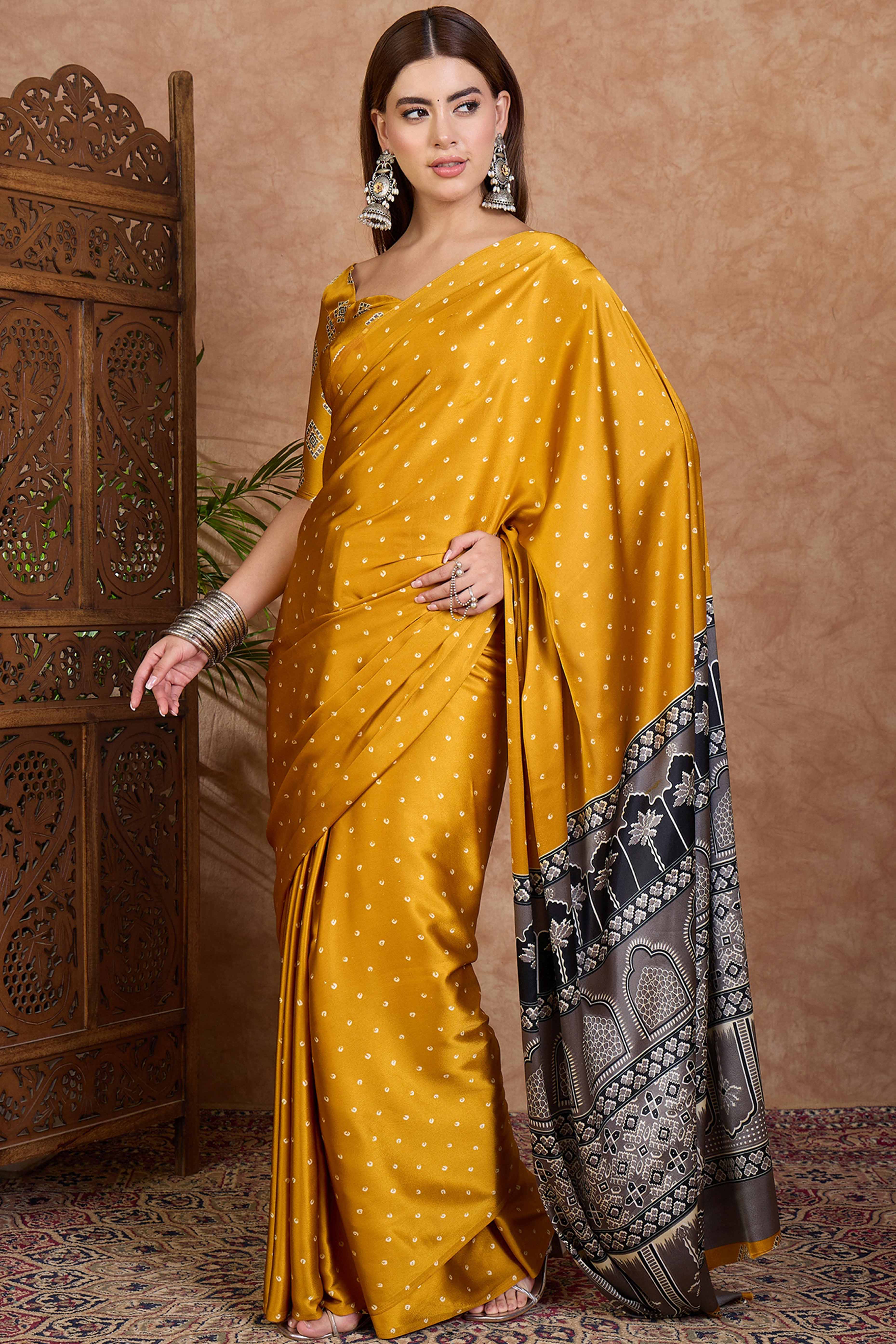 Mustard Polka Dot Modal Satin Saree with Traditional Ajrakh Detailing on Pallu