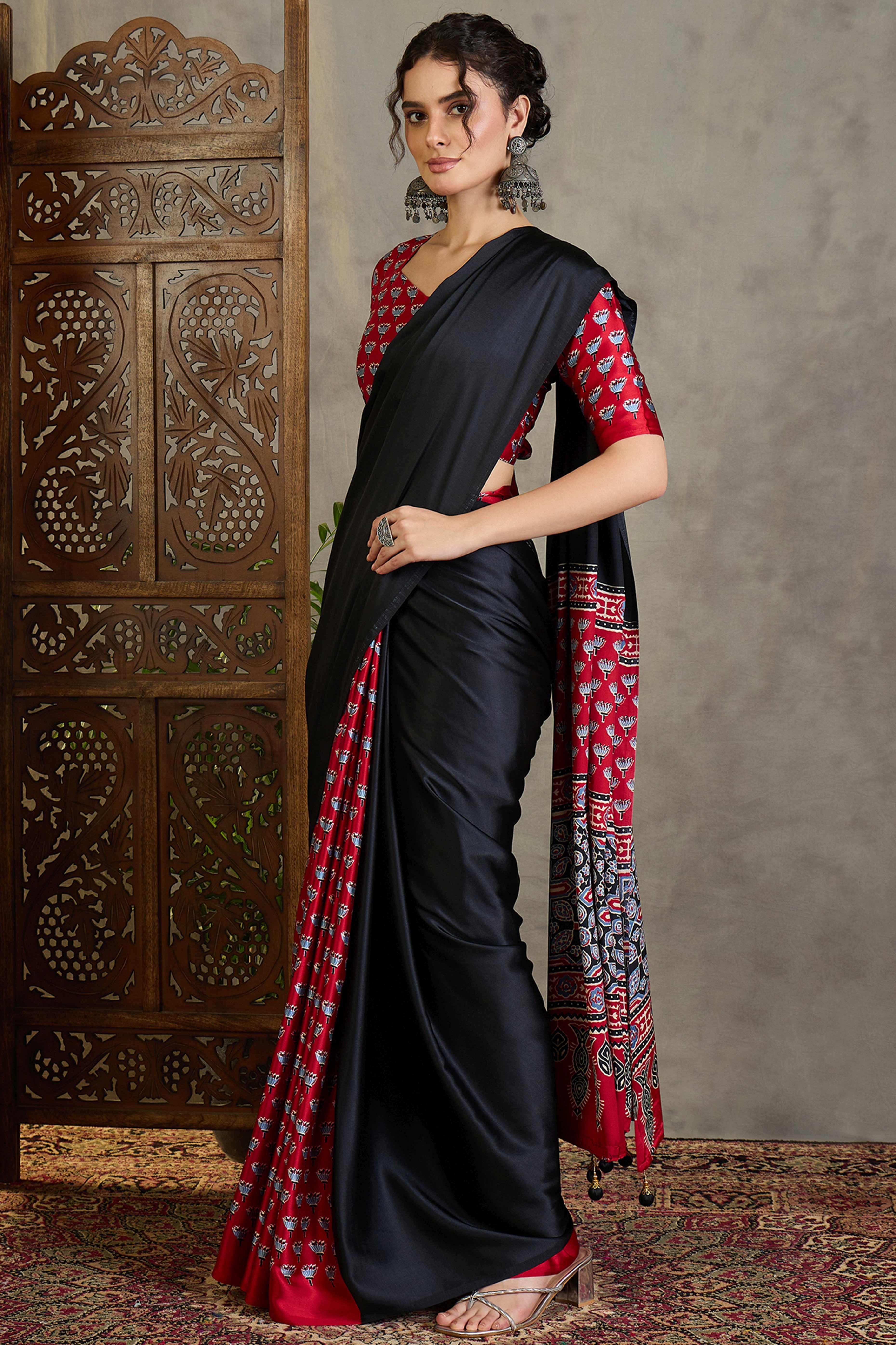 Red Solid Modal Satin Saree Highlighted with Classic Ajrakh Pallu Design