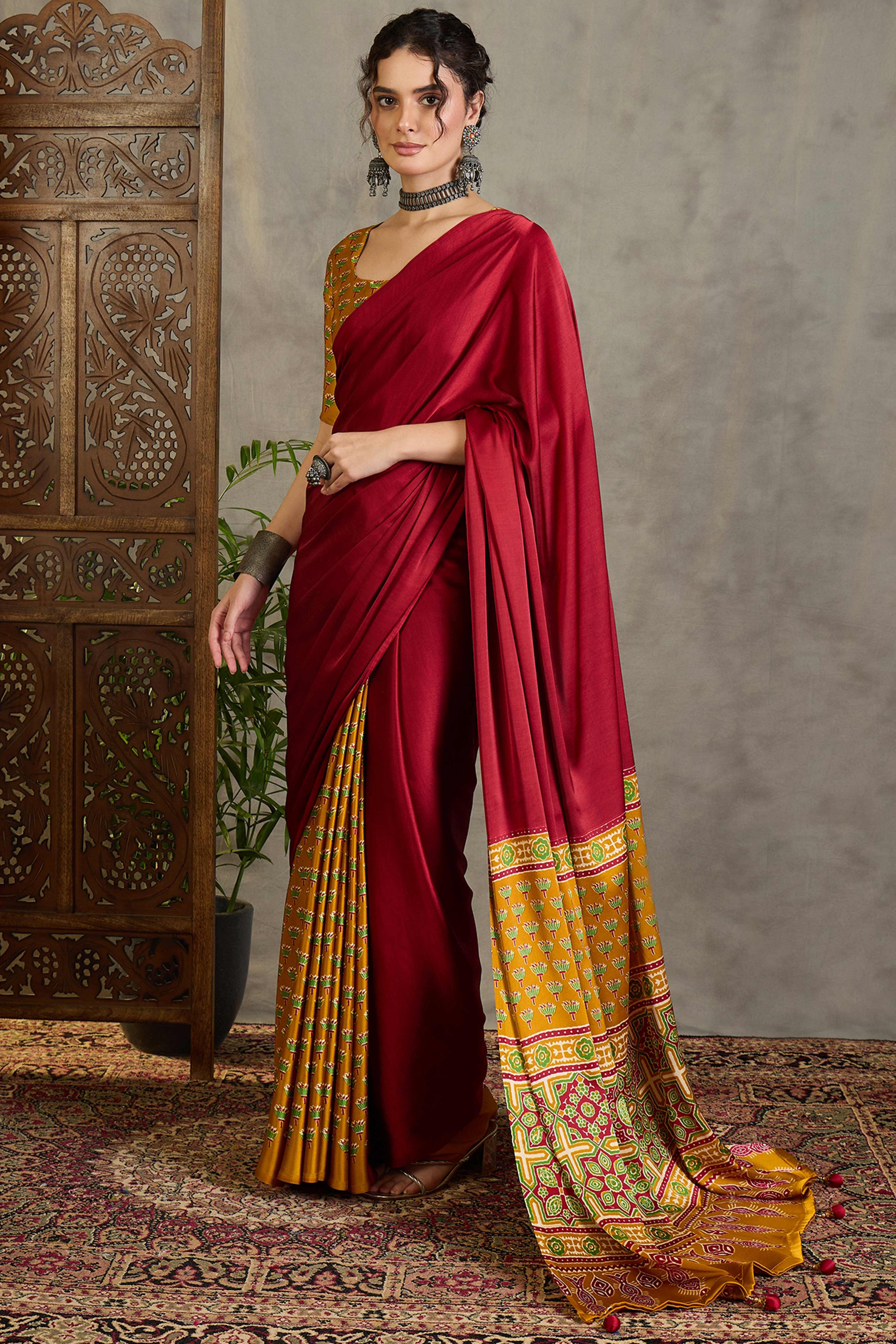 Yellow Solid Modal Satin Saree Highlighted with Classic Ajrakh Pallu Design