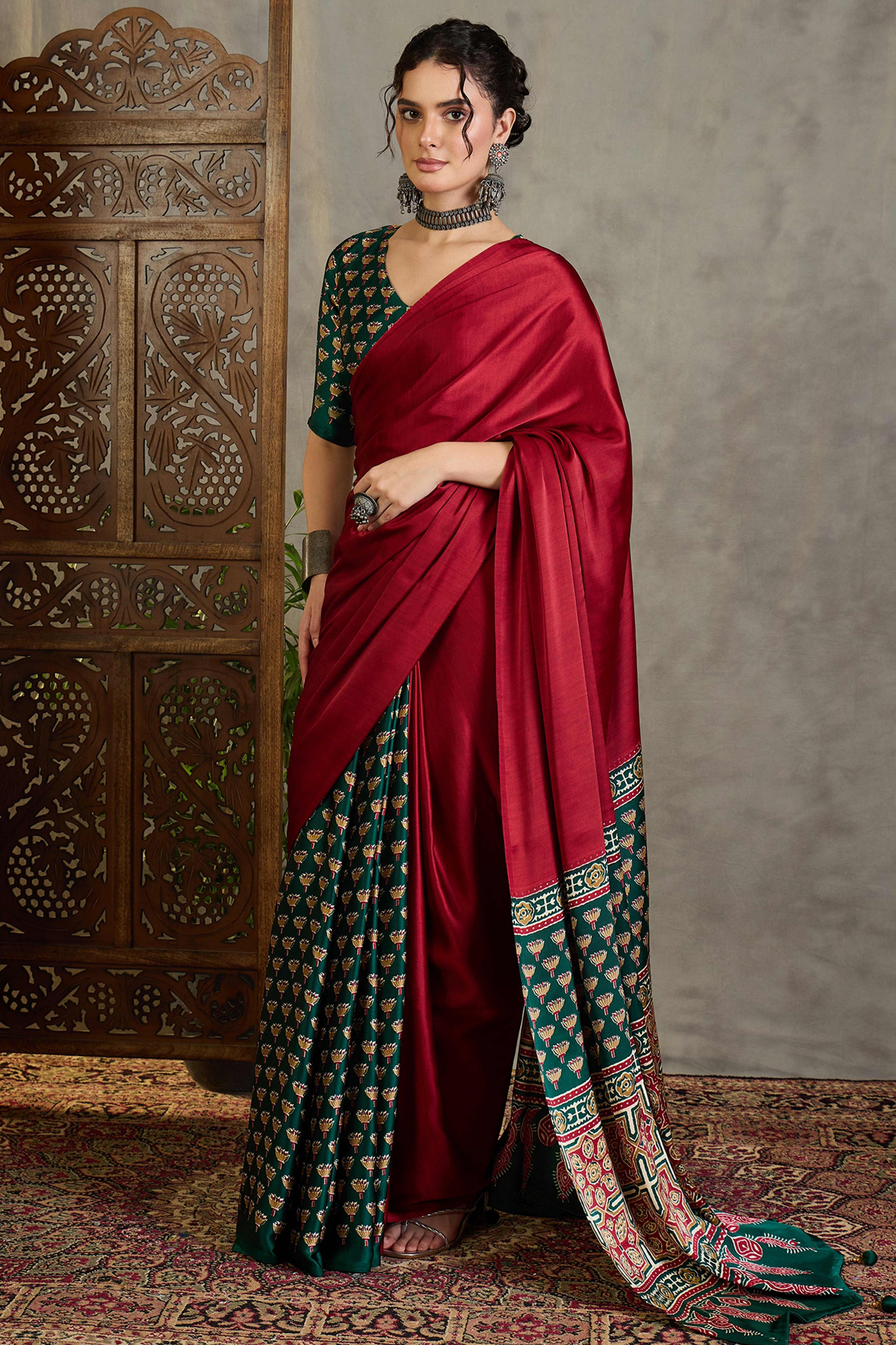 Green Solid Modal Satin Saree Highlighted with Classic Ajrakh Pallu Design