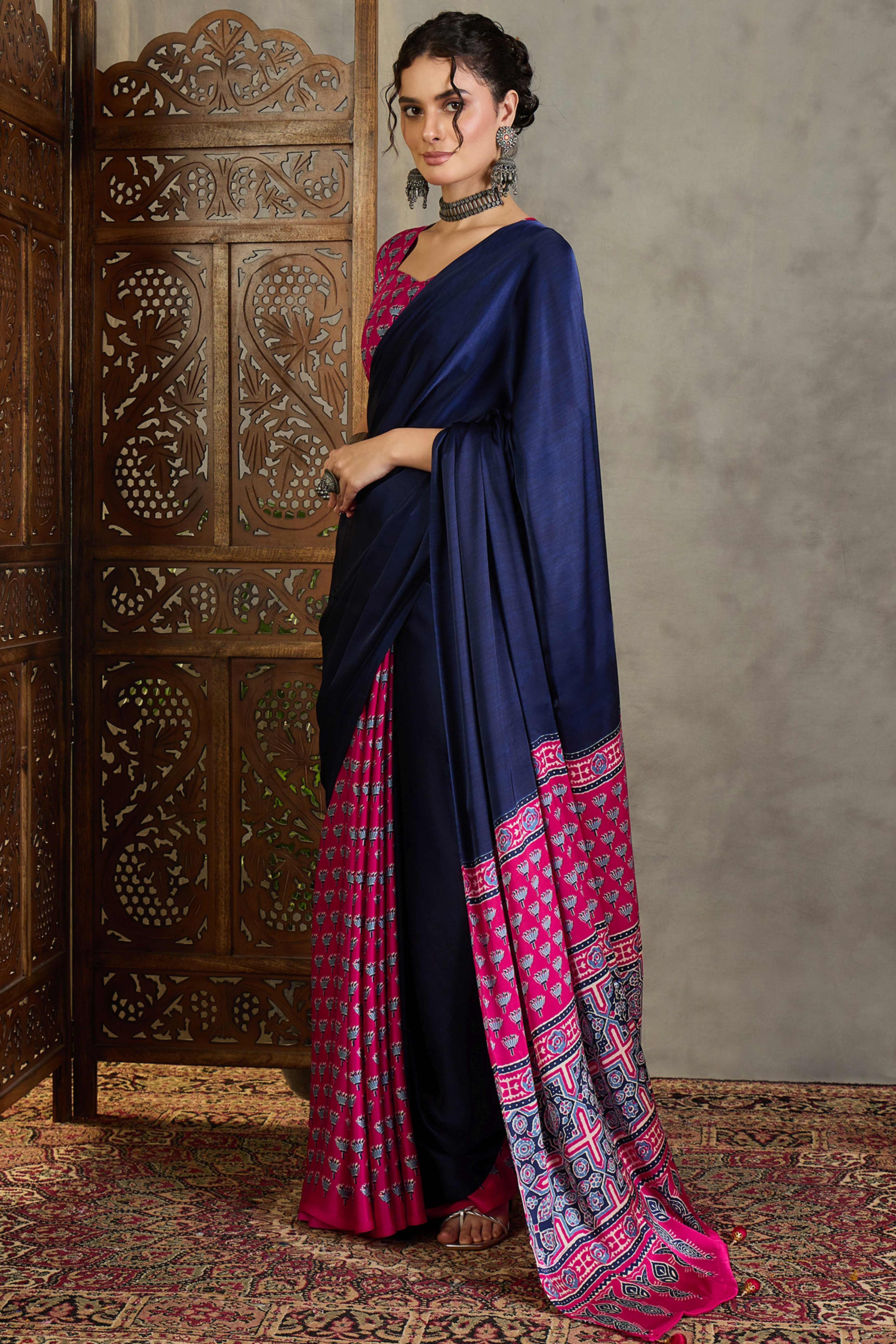 Pink Solid Modal Satin Saree Highlighted with Classic Ajrakh Pallu Design