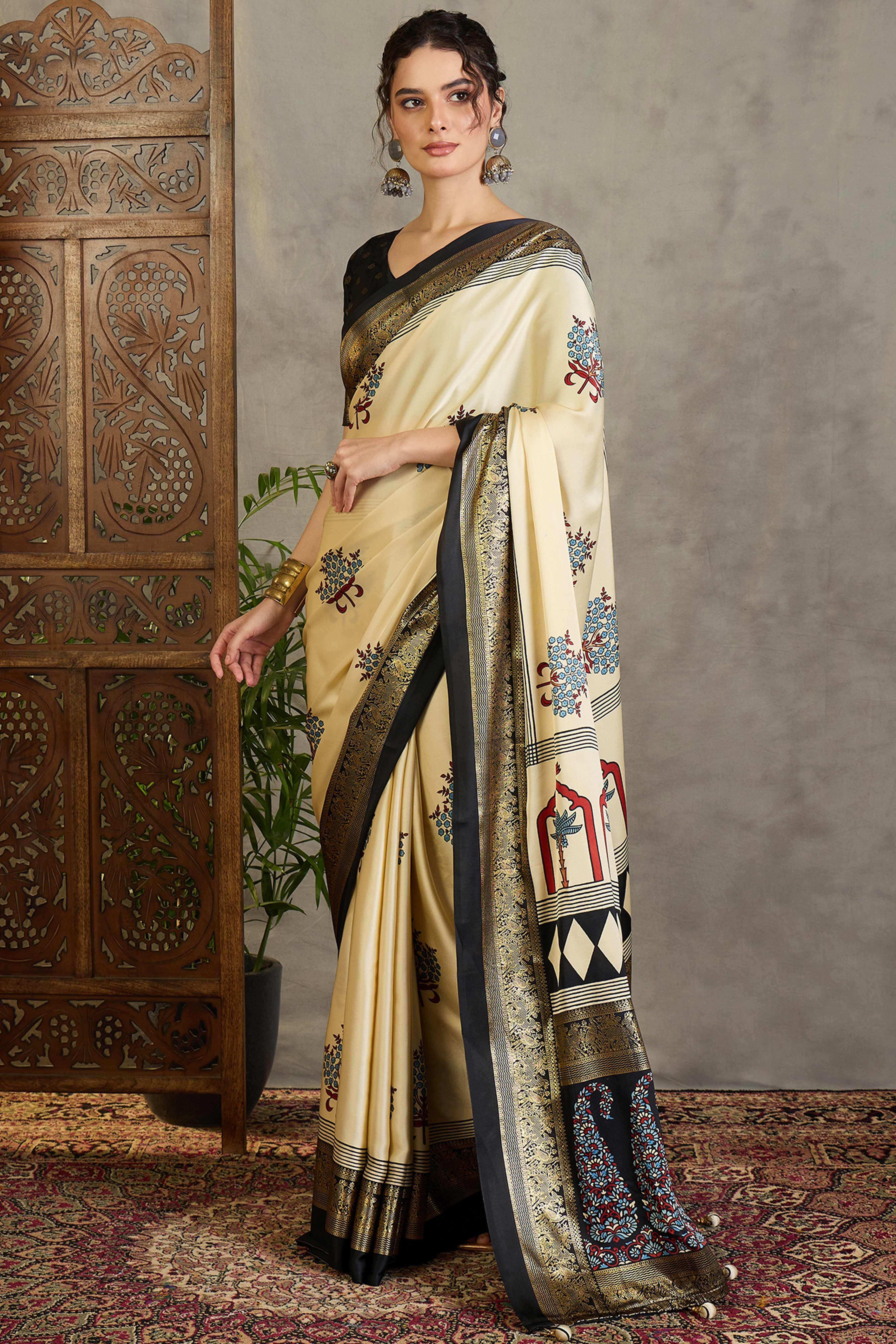 Cream Floral Printed Modal Satin Saree with Traditional Zari Detailing