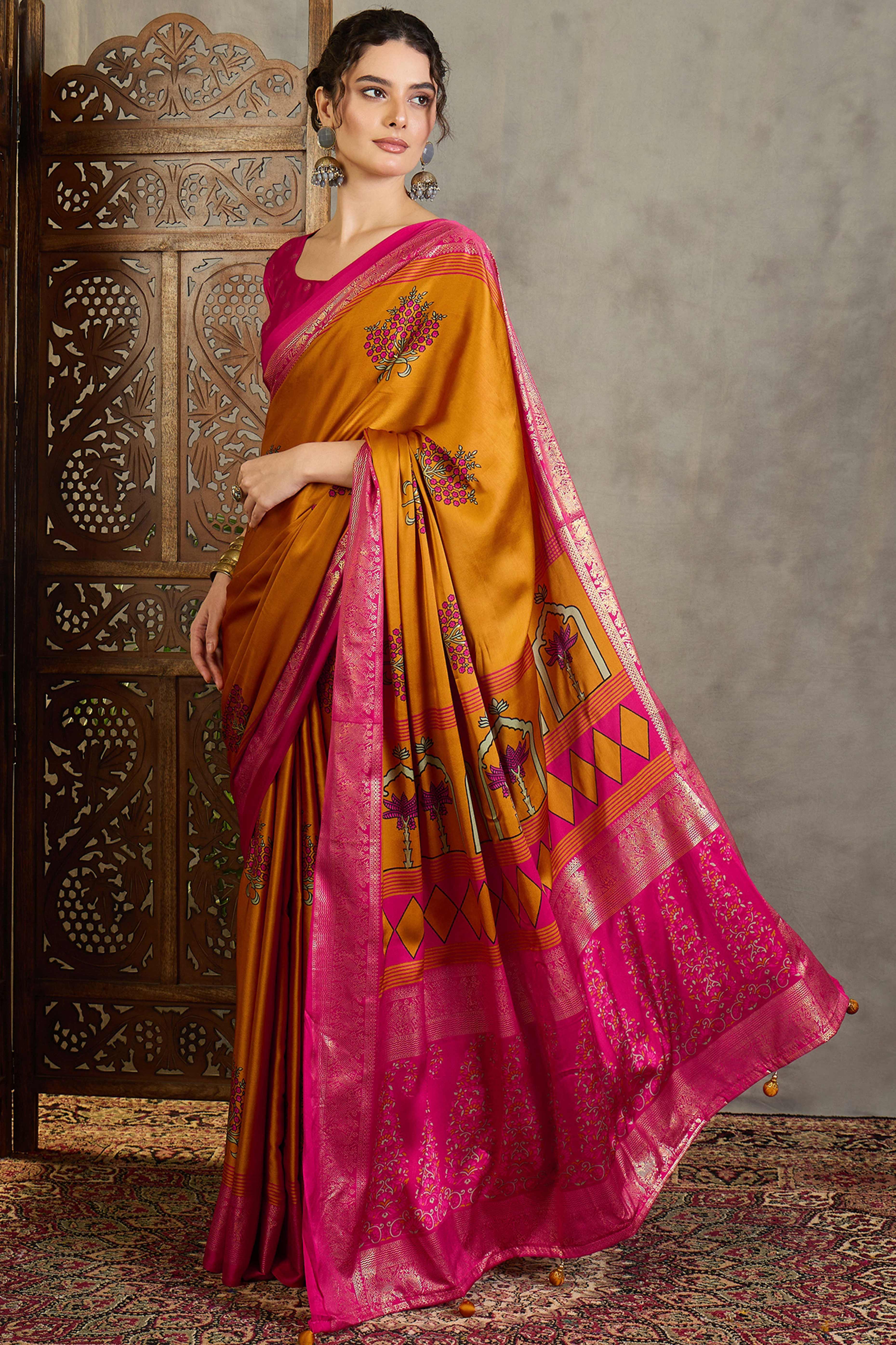 Mustard Floral Printed Modal Satin Saree with Traditional Zari Detailing