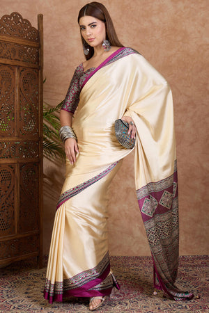 Cream & Wine Modal Satin Saree Featuring a Solid Base and Artisanal Ajrakh Pallu