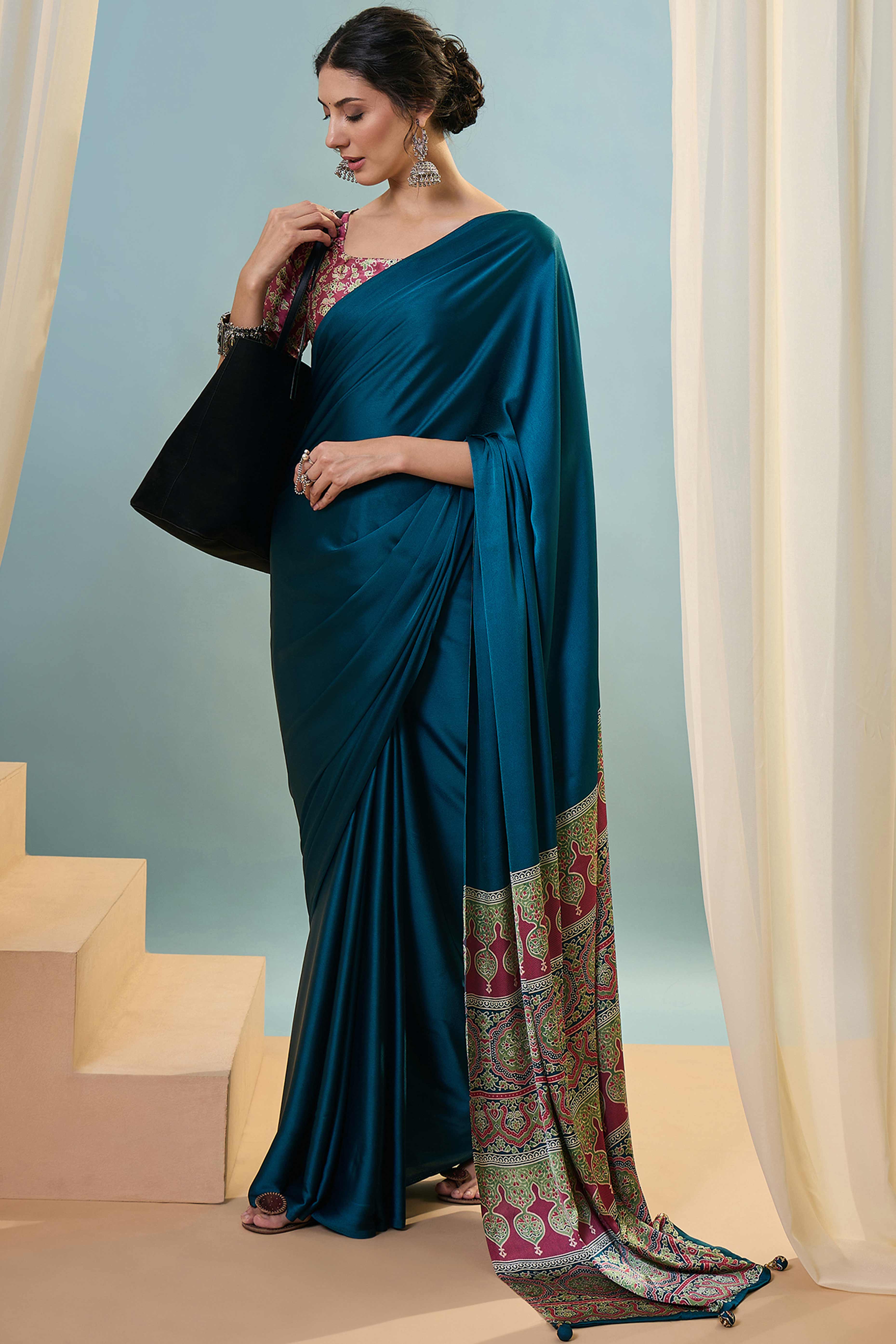 Blue Solid Modal Satin Saree Highlighted With Classic Ajrakh Pallu Design