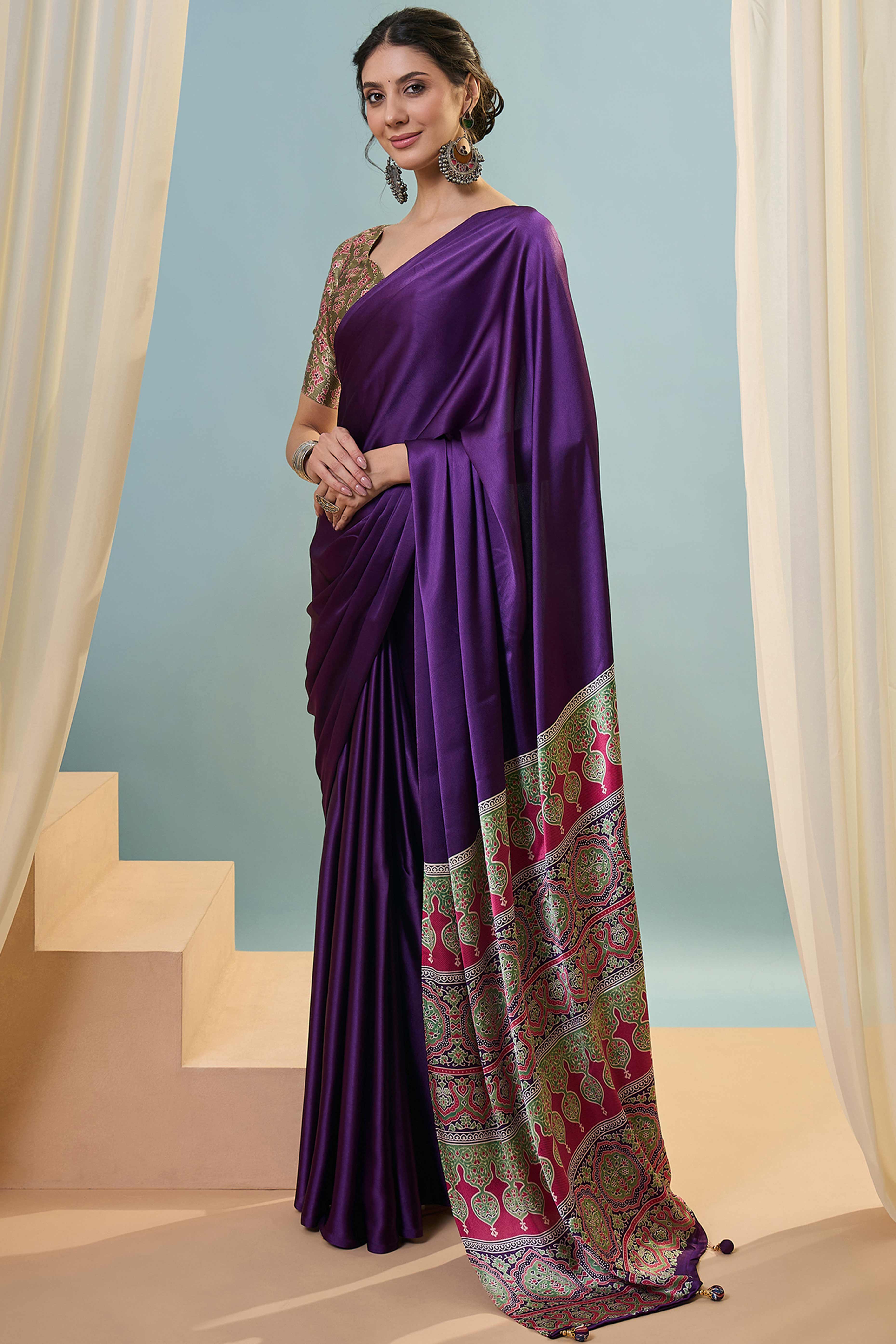 Purple Solid Modal Satin Saree Highlighted With Classic Ajrakh Pallu Design